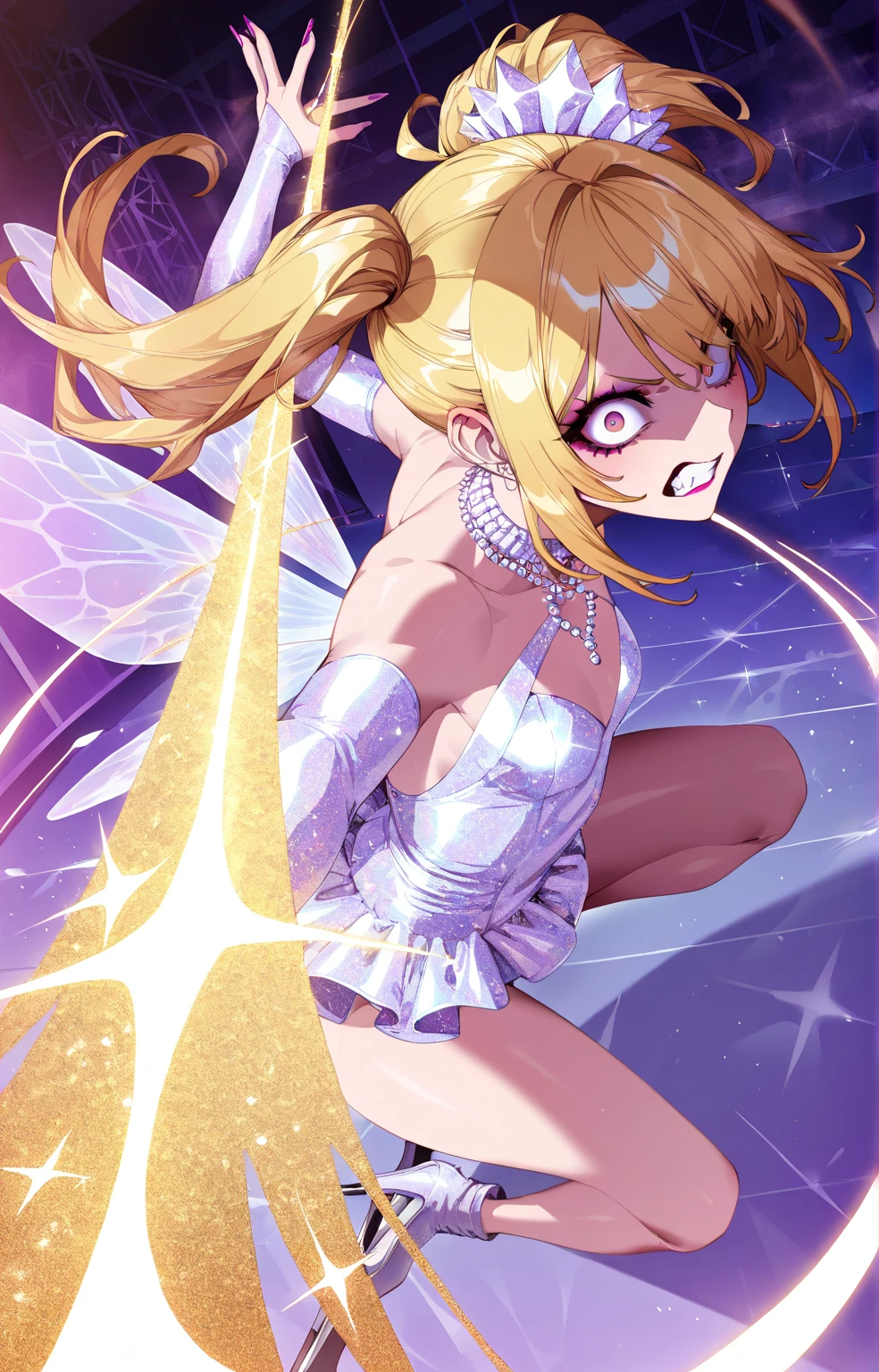 (masterpiece, best_quality, ultra-detailed, immaculate:1.3), epic, illustration, 1girl, (romantic Anemoiacore:1.3) cute succubus, wings, full body, cameltoe, [:seductive, wild costume design,:0.2], official art, caucasian, dramatic iridescent violet lighting from above, in a mid-century, creepy landscape, bombshell hair, bright blonde hair, Lace Braid,short bombshell hair, crossed arms<lora:EnvyFantasyMix02:1>