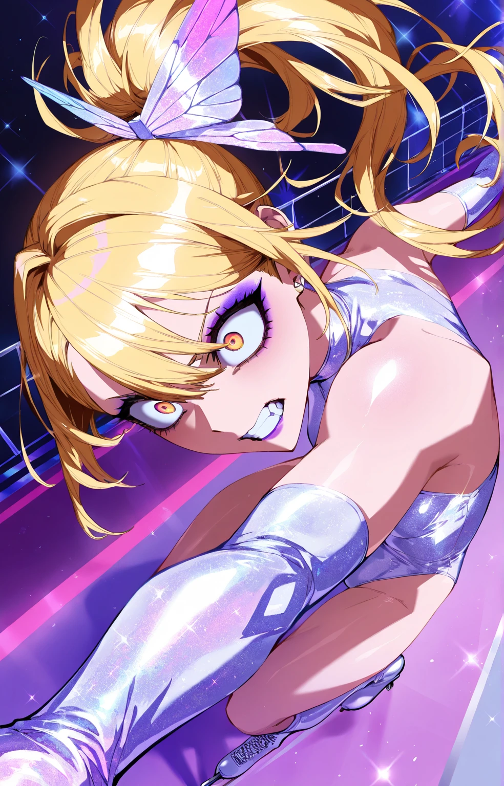 ((Best Quality)), ((Masterpiece)), (detailed), (4k quality), (Detailed face:1.2), (Detailed eyes:1.2), (Agile figure:1.2), solo, 1girl, 22 years old, short blonde hair, blue eyes, shiny purple leotard, natural lighting, (looking at viewer), (detailed pupils:1.3),