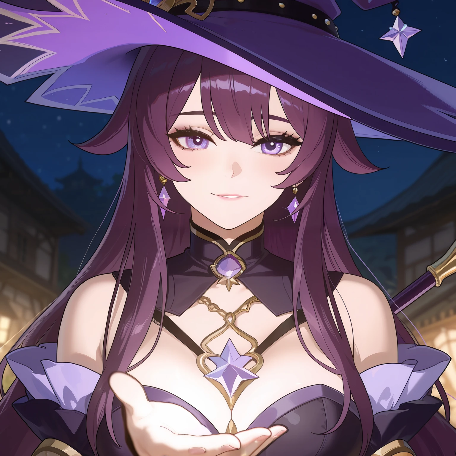 White woman bright purple eyes, a long wavy dark purple hair and a purple witch hat with cyan gens on the top, blue and gold barrete. she is in a Village and have purple stars around her self. manga comic art. In her hand a black big staff like a key with purple diamonds