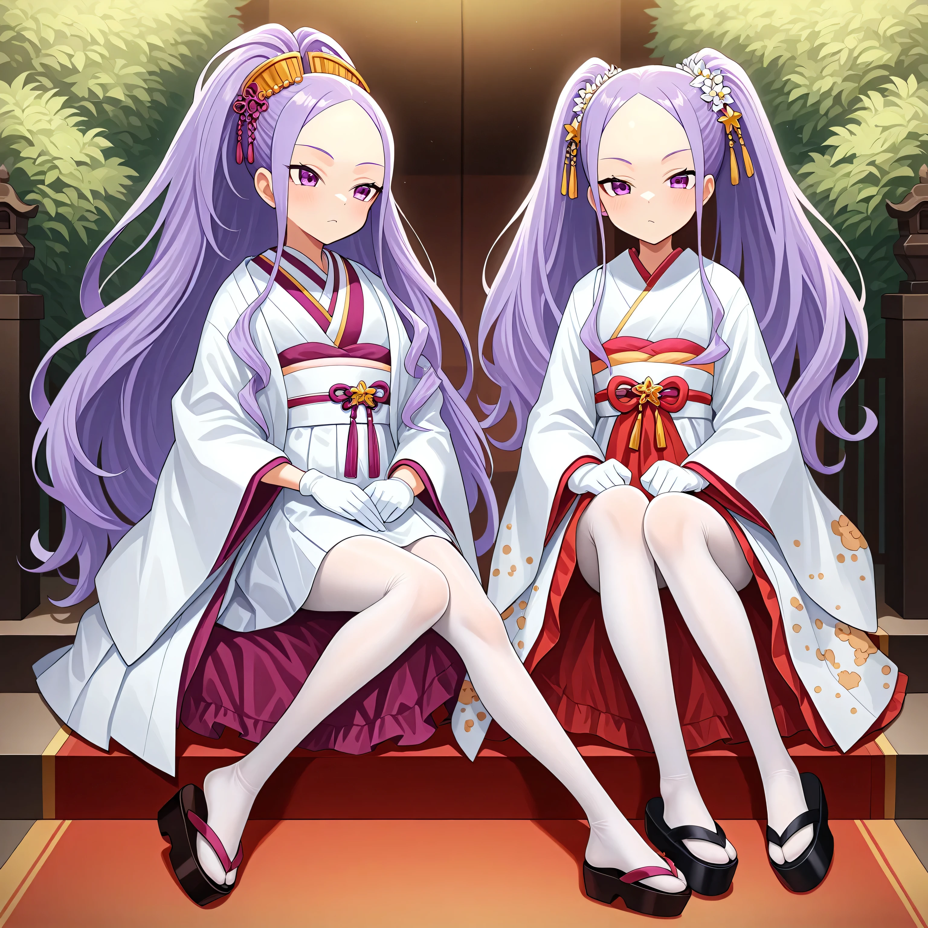 1 working girl, long hair, purple hair, purple eyes , double ponytail, Forehead, Japanese costume , Japanese wedding , White and odorless, indoor, tights , , high quality , very beautiful , absurd, High Resolution , Latest, waist , Gloves, white pantyhose, white split toe socks, Clogs