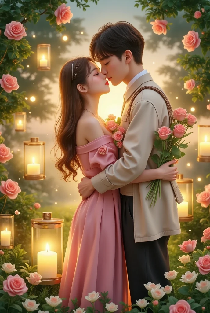 一对情侣在迷人的garden中心跳浪漫的舞蹈. The scene is illuminated by floating candles and lanterns , projects a warm , Gently. garden , From the delicate petals of flowers to the verdant leaves , The intricate details are presented in amazing 8K resolution . The couple, Immerse yourself in your arms , Exudes deep love and connection . The atmosphere is full of magical magic , The soft light and serene beauty of the surroundings brightens up the surrounding environment