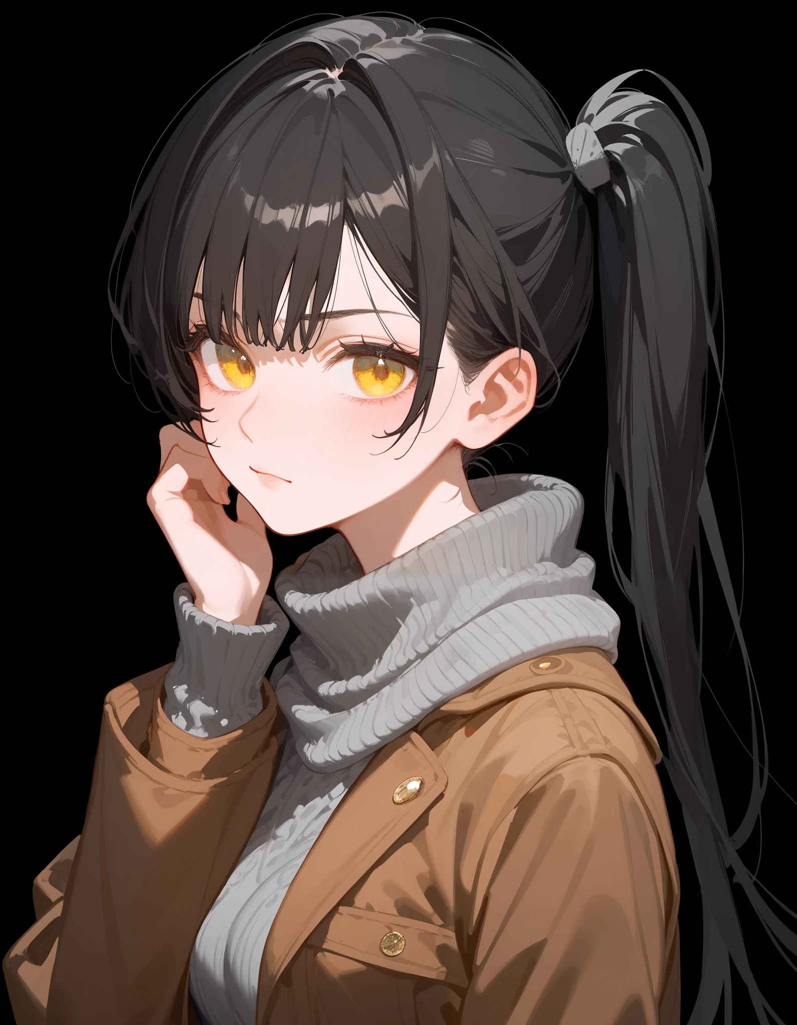 alone,girl, black hair,Bangs,ปลาย black hair, golden eyes,ปลาย black hair, black background ,. Photo from the back.,Top image , Long Sleeve Sweater, Brown Jacket,student, Black Skirt,Side ponytail,shy,Shy,Fierce face, with big breasts,Gray Smiley Scarf ,Irritated face