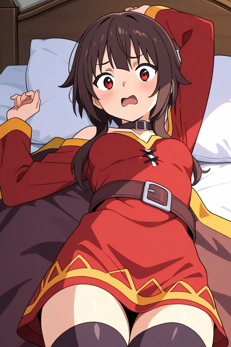 NSFW, megumin, (masterpiece, highest quality), White bedroom, 1 girl, , , , , shy, wide angle, soft light, best shadows, watercolor, red dress, (black panties), spread legs, lying in bed