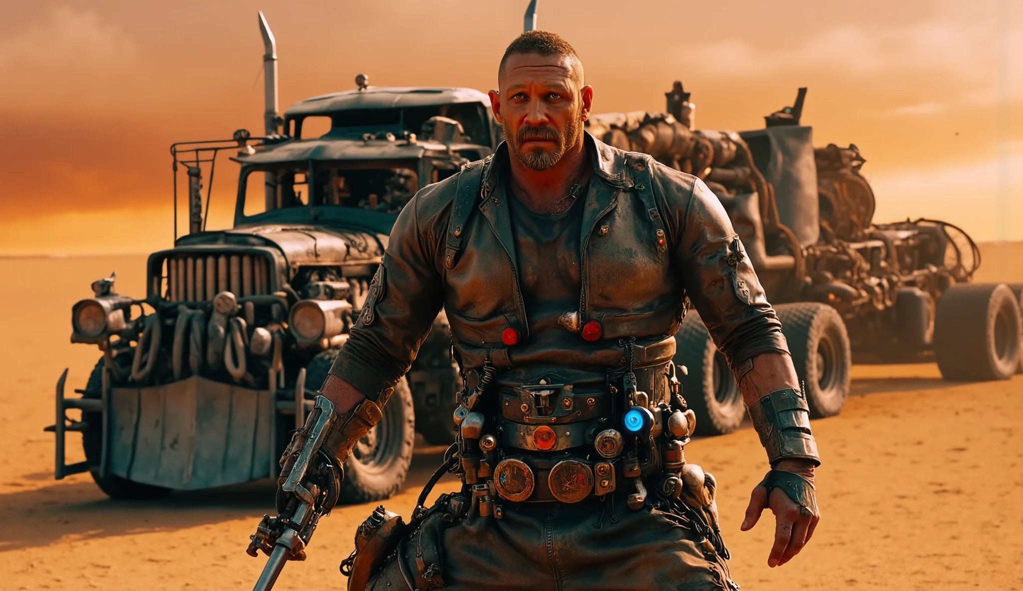(best quality, 128k,highres,masterpiece:1.2),ultra-detailed,(realistic,photorealistic,photo-realistic:1.37), ((masterpiece)) ((photography)) ((Highest quality)) A hyper-realistic, ultra-detailed cybernetic version of Tom Hardy as Mad Max. His face is rugged and battle-worn, with scars and dirt, his piercing gaze filled with determination. His leather jacket is reinforced with metal plating, wires, and rusted bolts, blending post-apocalyptic survival gear with high-tech enhancements. One of his arms is fully cybernetic, a mechanical construct with exposed pistons, cables, and a clawed hand, glowing faintly with a blue energy core. His worn-out pants and boots are covered in dust, and his belt holds various makeshift tools and ammunition.
The background is a desolate wasteland, cracked earth stretching endlessly, with wrecked vehicles, towering sandstorms, and fire-lit skies. A massive, heavily modified war vehicle looms behind him, covered in spikes and scavenged metal plates. The atmosphere is gritty and intense, with an eerie orange glow from the burning horizon. His stance is imposing, gripping a sawed-off shotgun in one hand, ready to fight in this brutal, lawless world. The lighting is dramatic, casting deep shadows across his cyber-enhanced body, emphasizing the fusion of man and machine in a harsh, unforgiving landscape.