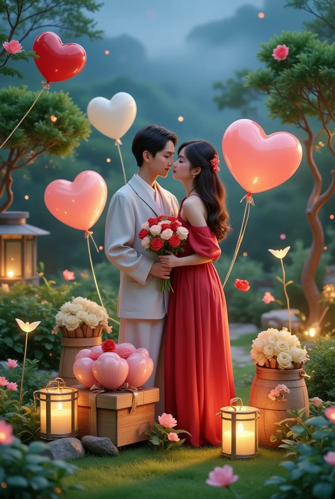 一对情侣在迷人的garden中心跳浪漫的舞蹈. The scene is illuminated by floating candles and lanterns , projects a warm , Gently. garden , From the delicate petals of flowers to the verdant leaves , The intricate details are presented in amazing 8K resolution . The couple, Immerse yourself in your arms , Exudes deep love and connection . The atmosphere is full of magical magic , The soft light and serene beauty of the surroundings brightens up the surrounding environment