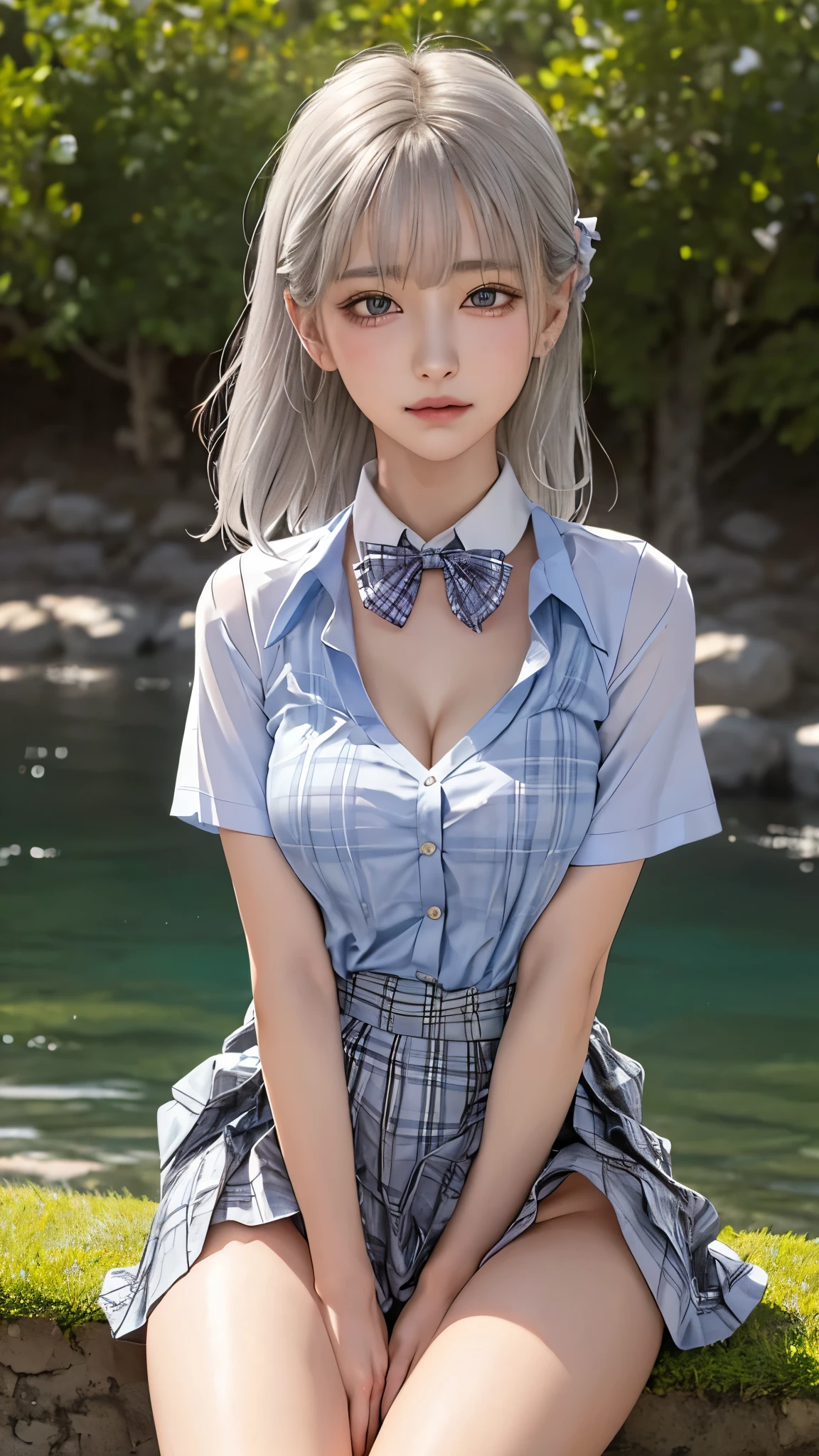 ((A girl sitting on a park bench after the rain))、Highest qualityの作品、Actual work、Ultra Premium Graphics、8K HD CG Works、High quality graphics、High-definition CG works、10x pixels、Very fineディテール:1.1、Advanced technical details:1.1 Photorealistic、Natural light:1.5、(Virtual Lighting Effects:1.8),Long silver hair((Eyes closed)),Thin eyebrows,High nose,Clean red lips,Rose Cheeks,Subtle makeup face,Cute face,Perfectly balanced face,A light-toned foundation enhances the clarity of your skin.。 ((high school girl)),((Wet white blazer with open front)),((Translucent wet white blouse、Red bow tie、Navy blue checked skirt)).((White bra showing through))、 40k, photograph, , Highest quality, Rain Background, ((1 gorgeous wet light haired girl、She has a beautiful face and、Wear glasses, ))。White skin, Mr.々A pose. ((Medium sized chest,:1.1)), Highest quality, Ultra-high resolution, (Real:1.4), RAWphotograph, (Perfect figure), Slim abdomen, perfect slim figure, Dynamic Pose, on its own, Cold light source 12000K, 顔と肌の質感がVery fine, Fine grain, Realな目, Fine grain子が美しい, (Real肌), charm, Ultra-high resolution, Surreal, Very fine, ((She's wet))、