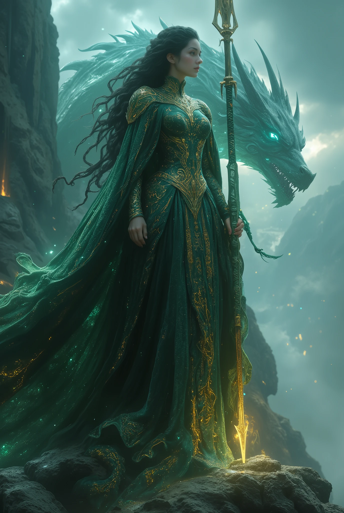 A regal yet fierce queen stands atop a jagged mountain, her long, raven-black hair braided with golden rings, flowing like a river of midnight. She wears an ornate, dark emerald gown adorned with ancient runes that glow faintly, whispering the secrets of the legendary Nibelung hoard. Her cloak, woven from dragon scales, shimmers in shades of obsidian and sapphire, catching the ethereal glow of a hidden sun.
In her hand, she wields a golden spear engraved with symbols of power, while a spectral dragon coils behind her, its translucent form shifting between smoke and reality. The air around her crackles with an ancient magic, as ghostly warriors—long lost to legend—stand in her shadow, awaiting her command. The background reveals the entrance to an underground kingdom, its halls carved into the heart of the mountains, glowing softly with mystical energy. She is the ruler of forgotten riches, the guardian of myth, and the last to carry the Nibelung bloodline.