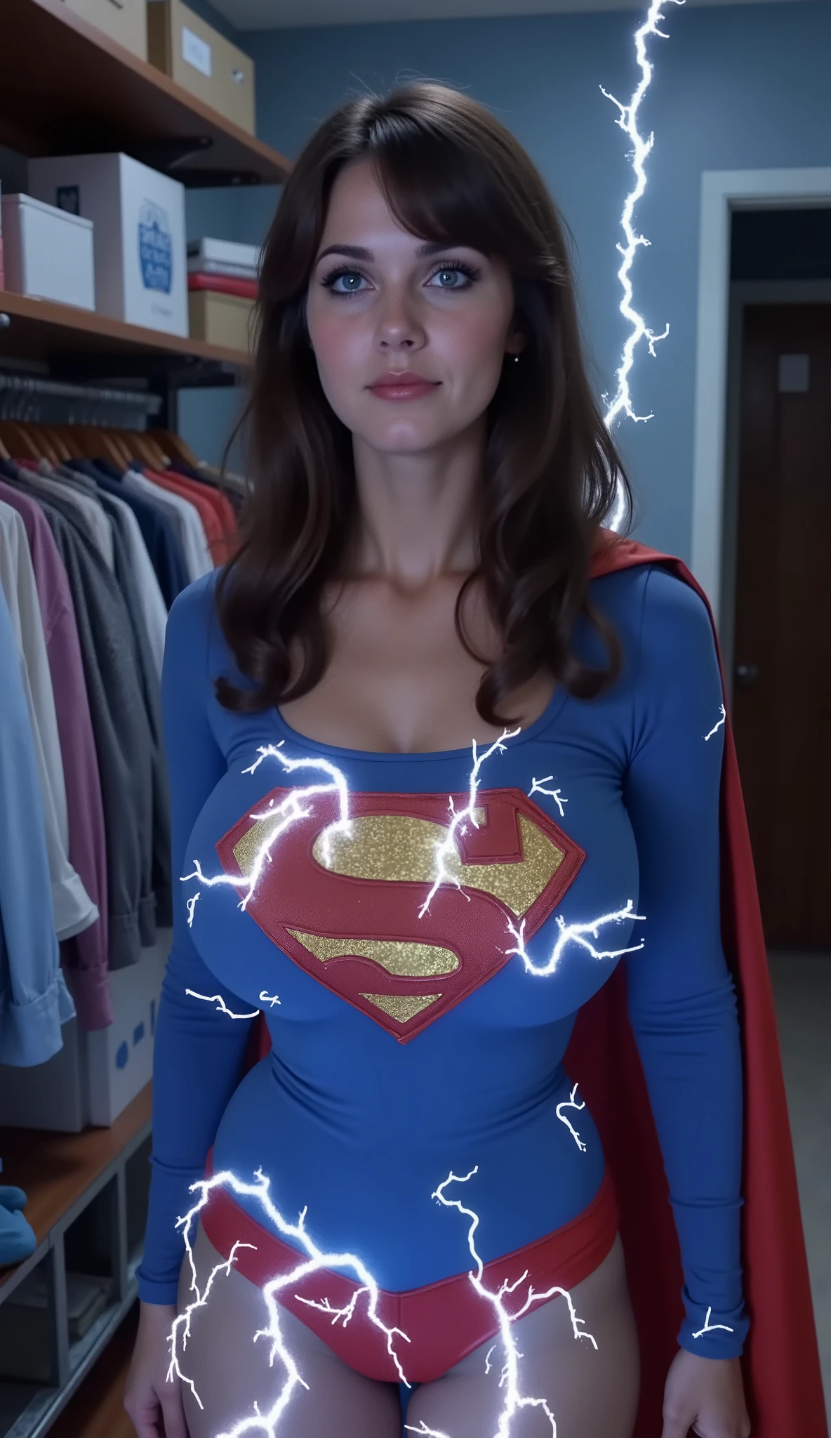 16-YEARS-OLD SCHOOL GIRL) PALE BLUE EYES. VERY FUCKABLE, VERY SEXY. STUMBLES ACROSS SUPERMANS SUPERMAN SUIT AND CAPE IN HER CLOSET, HOLDING IT UP AS LIGHTNING FILLS THE CLOSET striking her several times with high voltage electricity AND DECIDING TO PUT IT ON.