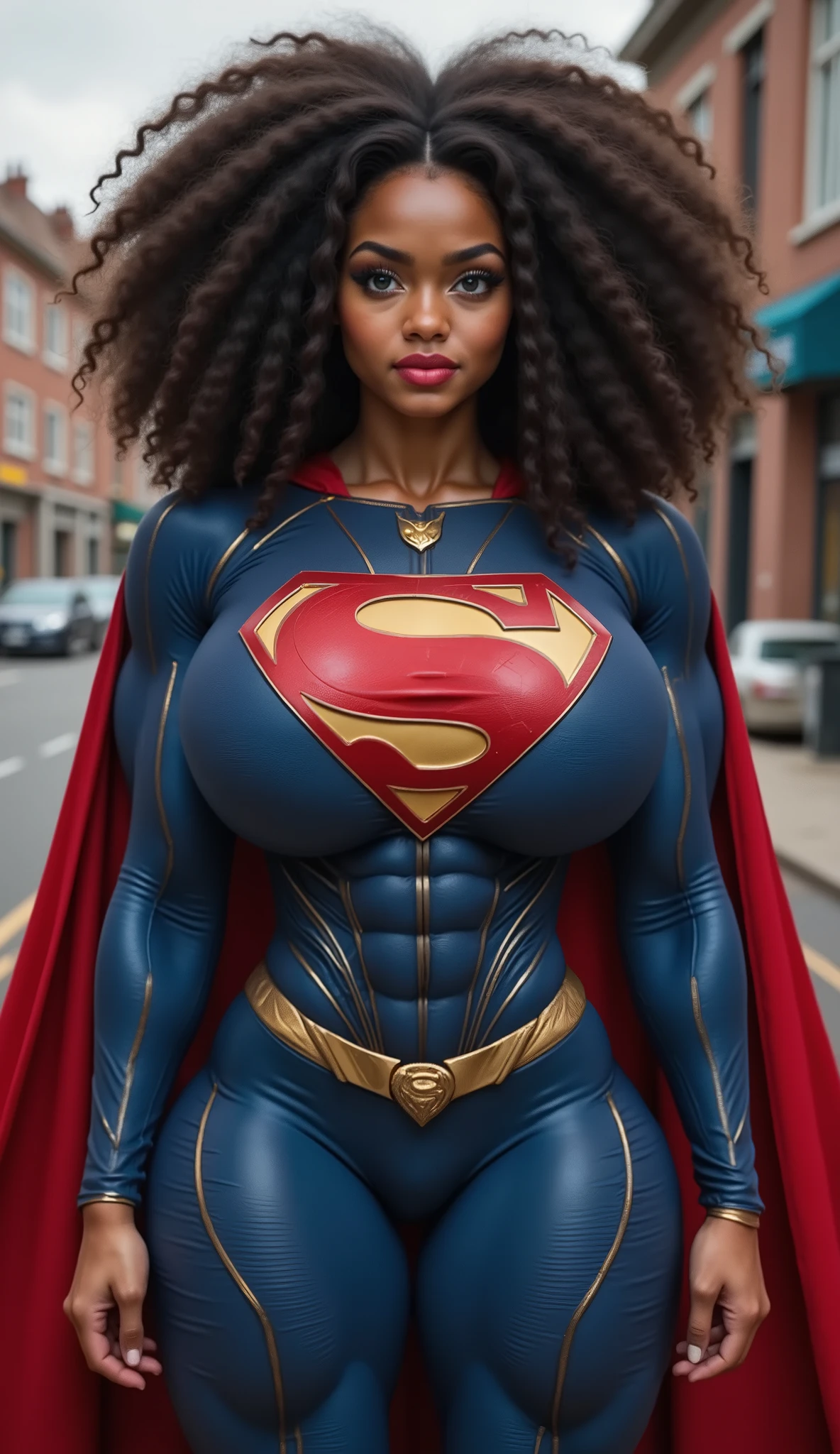 Emily is a black African woman, com pele muito escura, de 45 anos com cabelos escuros, geralmente preso em um coque ou rabo de cavalo. His eyes are dark and expressive, transmitindo sua personalidade sensual e sexy, Supergirl africana de cabelos negros deitada nos escombros、Traje esfarrapado、seios grandes e cheios、looking at the camera, sweating:1.2), (Wet), sexy, Corar, (Tentador Adulto) voluptuoso, Curvy, (Seductive dynamic pose) (seios pendurados), (clivagem profunda). She has an average height Sobre 1,70m, com seios grandes e flacidos, muito grandes e flacidos, seios muito fartos, Sagging Tits, sagging breast, quadris enormes, BBW. Emily is a superhero muito sexy, super sexy, Usar roupas da supergirl, roupas supergirl rasgadas, destruidas, decote sexy. Ela costuma usar pouca maquiagem, preferindo um visual natural. best quality, Realistic photo, photo de corpo inteiro, deitada nos escombros, a lot of sweating, muito suada, bunda visivel