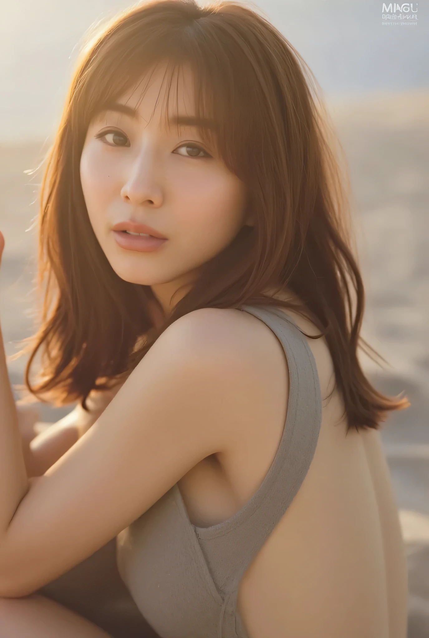 Best Quality、8k、masterpiece、 ultra high resolution、( Photorealistic :1.4)、Original photo、2 girls、 dark brown hair でロングヘア、Healthy tanned skin、Beautiful woman、 (masterpiece, top quality, best quality,1girls,Korean, beautiful face, smile, long hair, 19 years old, tank top, shorts, boots, hills, full body view, sunset,