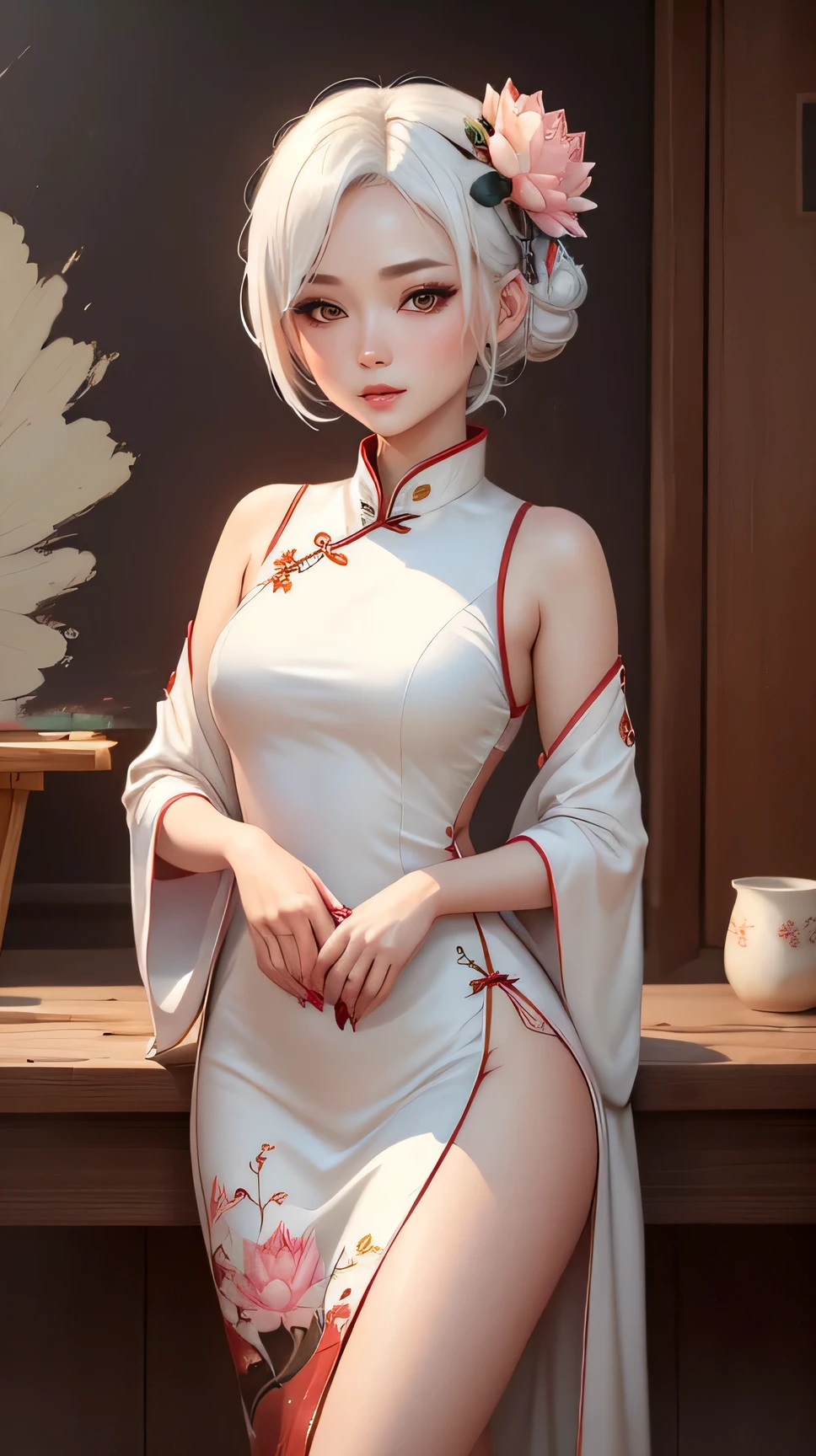 A girl with short white hair, white cheongsam, white high heels, thin waist, slender legs, holding a white fan, high-end chair, cold