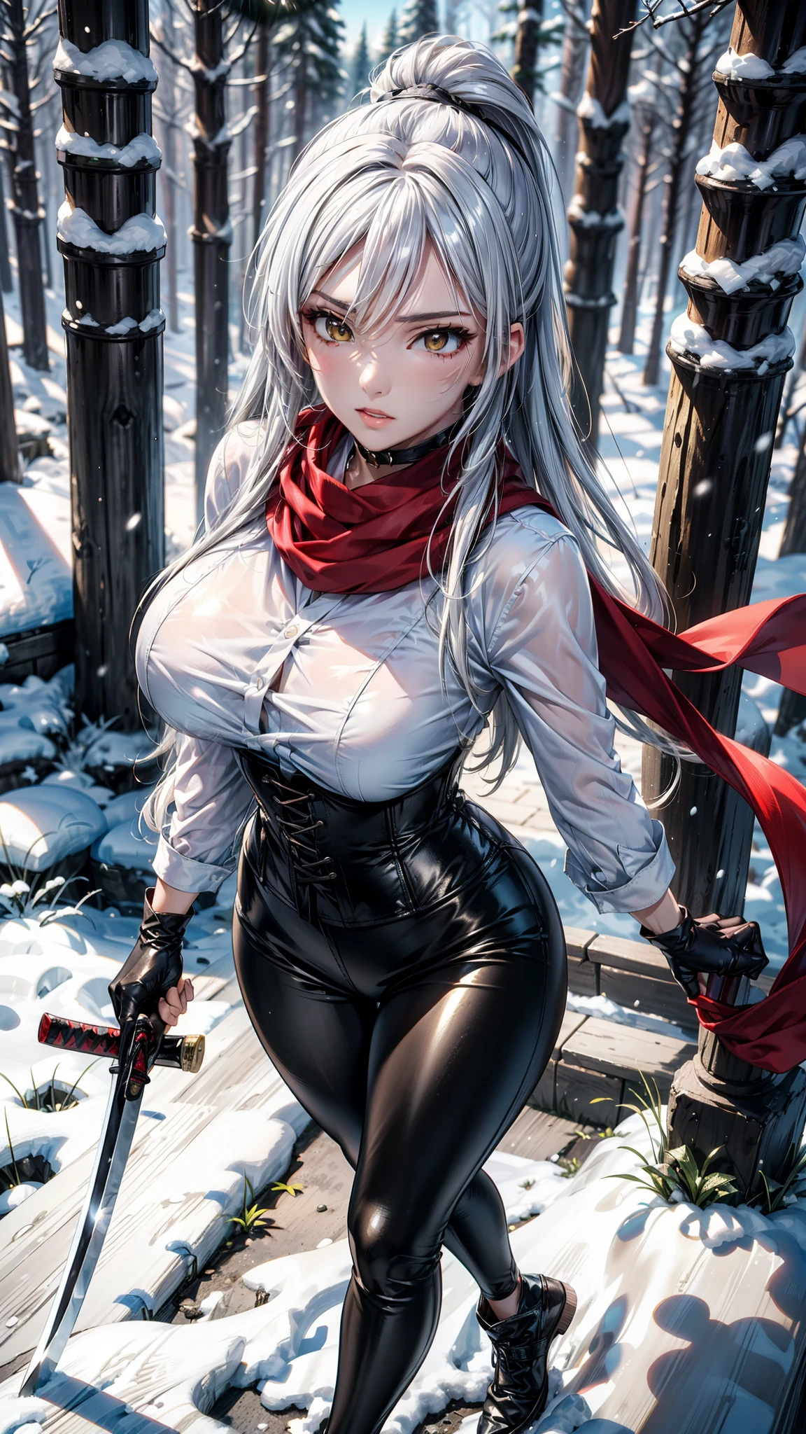 (Yaedef  :1.4), 8K,  highres,   ultra detailed, ( masterpiece:1.4),   (( perfect hands )),  better quality, Sakuya Shirase, symmetrical body, sensual lips,  big breasts,  slender legs , badass anime girl  , bright clothes,  beautiful, Alone,  of foot,  fight pose, (Hold a katana with your hand),  ((view from above)),   shy look,  looking at the spectator,  long ponytail black hair,   detailed face ,   detailed eye comforter,   amber yellow eyes ,  choker :1.6,  choker :1.6, ((red scarf)), (( long sleeve white shirt )), (( black leather corset )), ((( shiny black leggings))), ((shiny black gloves )), (( snowy forest)), blizzard, snow  