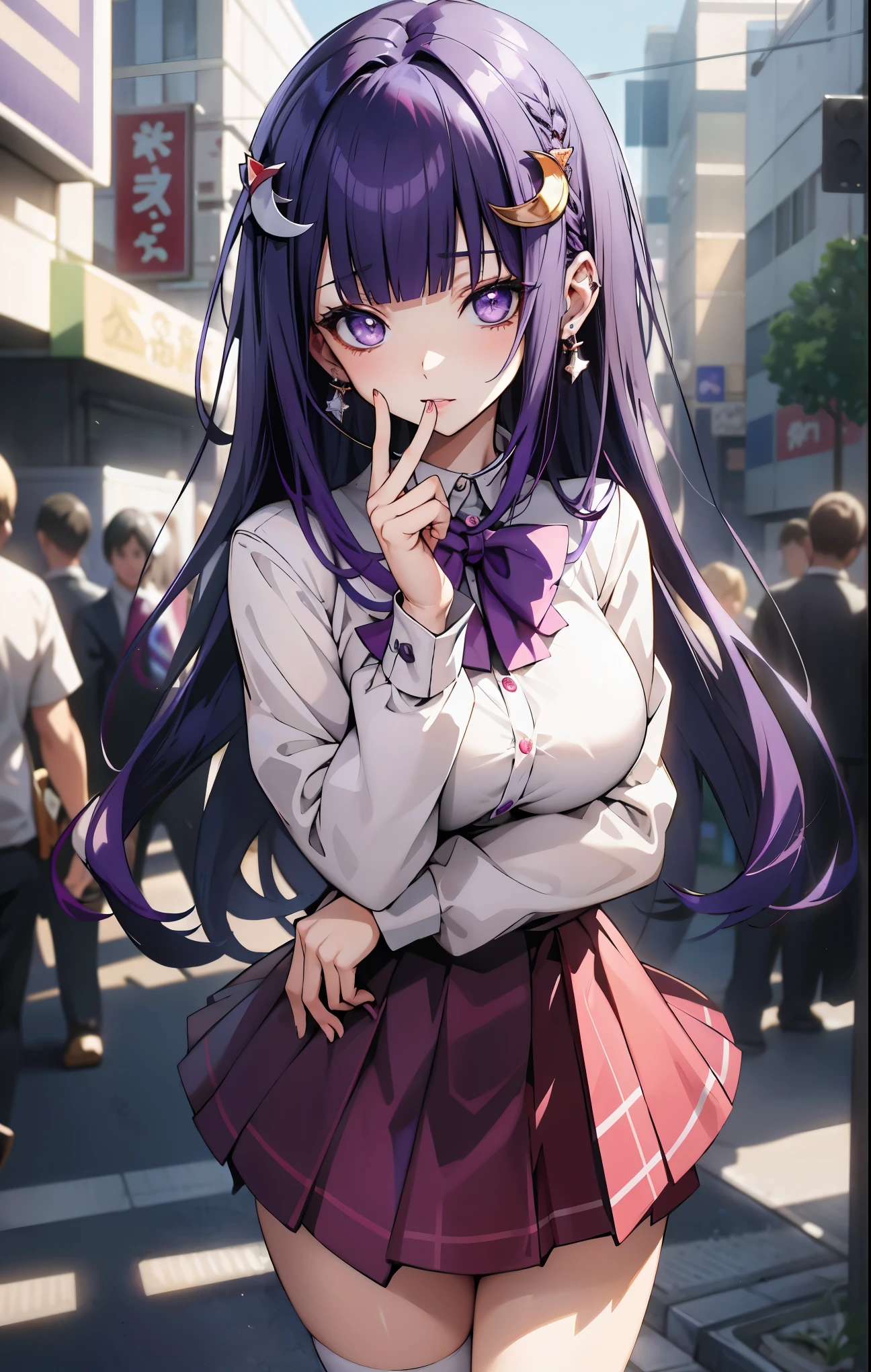 (masterpiece, highest quality:1.2), Mastepiece、(((One girl))), alone,Are standing_Split, purple eyes,Blue pubic hair catches my eye,Bright red background, Red hair, hair ornament,long hair,naked_shirt,Pussy_hair,、Smiling, triumphant attitude, ((Masterpiece Eyes)),1 Color Background、((A pure purple background))、purple theme、Flip up the skirt、Flashy poses、Embarrassing、blush