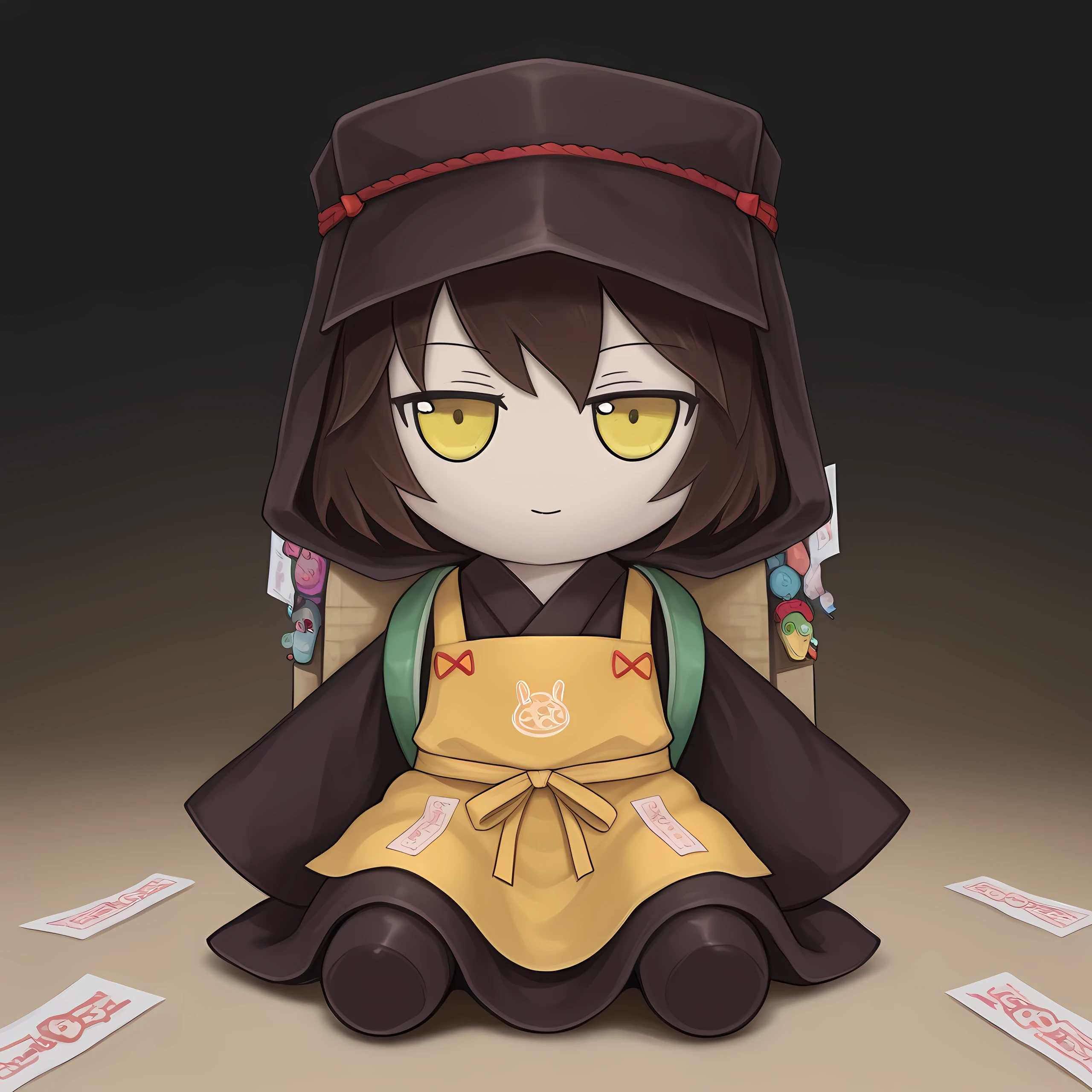 (2024, very aesthetic, newest, best quality, masterpiece,) no humans, gradient background,
Kagetsumugi, short hair, brown hair, yellow eyes, black kimono, very long sleeves, wide sleeves, hood, yellow apron, ofuda, (ofuda in apron), backpack,
plushie, cute, toys, dolls, toy, fumo style, Fumo plush doll, fumo \(doll\), solo, (straight on:1.5), sitting, looking at viewer, facing viewer,
BREAK,
score_9, score_8_up, score_7_up, score_6_up,