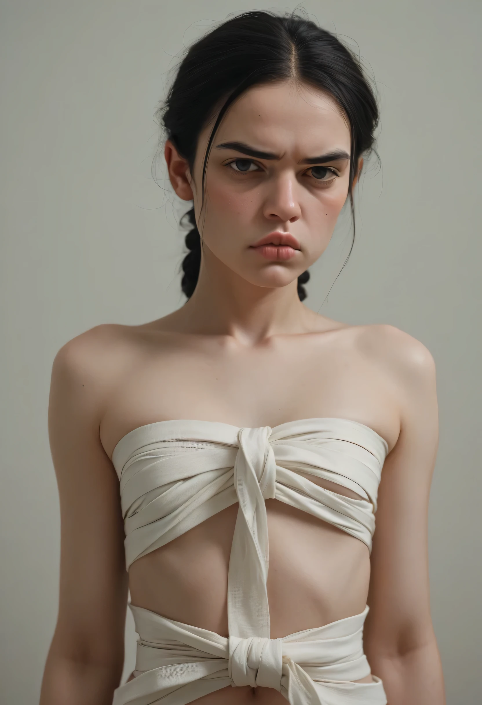 Gadis kecil very short black haircut bogel, half body portrait. Highly detailed quality, naked flat breasts, puting tebal. Body wrapped in old newspapers. Cute  (pouting lips:1.5), 