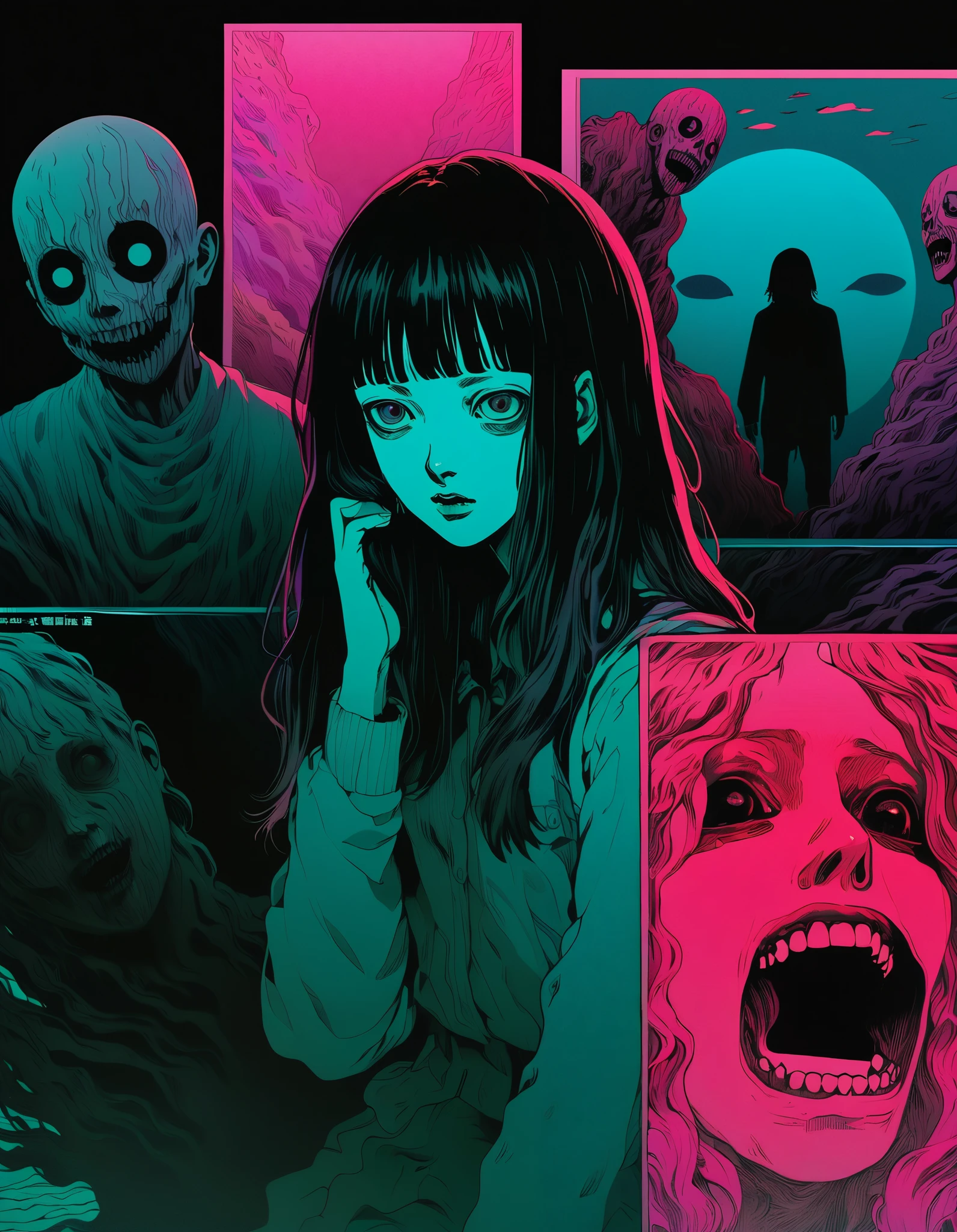 best quality,high quality,masterpiece,<lora:junji_ito_v6:0.8>,junji_ito style,1girl,(horror:1.2),<lora:Vincent Willem van Gogh style:0.9>,VincentWillemvanGogh,night,forest,frightened face,cry,gost,monsters,