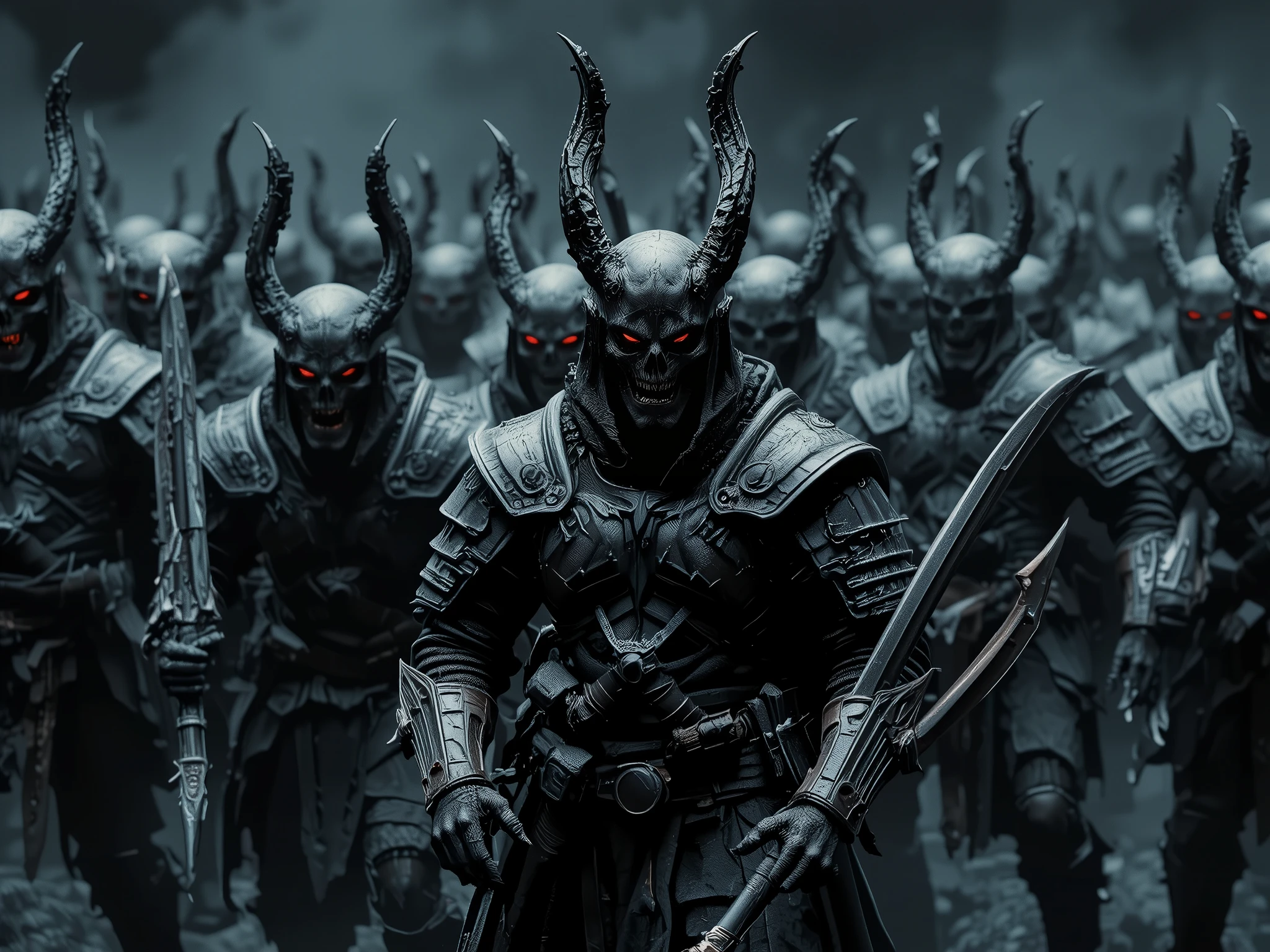"A horde of faceless warriors clad in blackened armor, their bodies infused with the corrupted essence of the abyss. Their eyes glow an eerie red, and their movements are unnatural, as if controlled by an unseen master. Their weapons are jagged and cruel, designed not just to kill but to cause suffering. As they march in perfect unison, an ominous chant echoes from their hollow throats, sending shivers through even the bravest of souls. They feel no pain, no remorse—only an insatiable hunger for destruction.