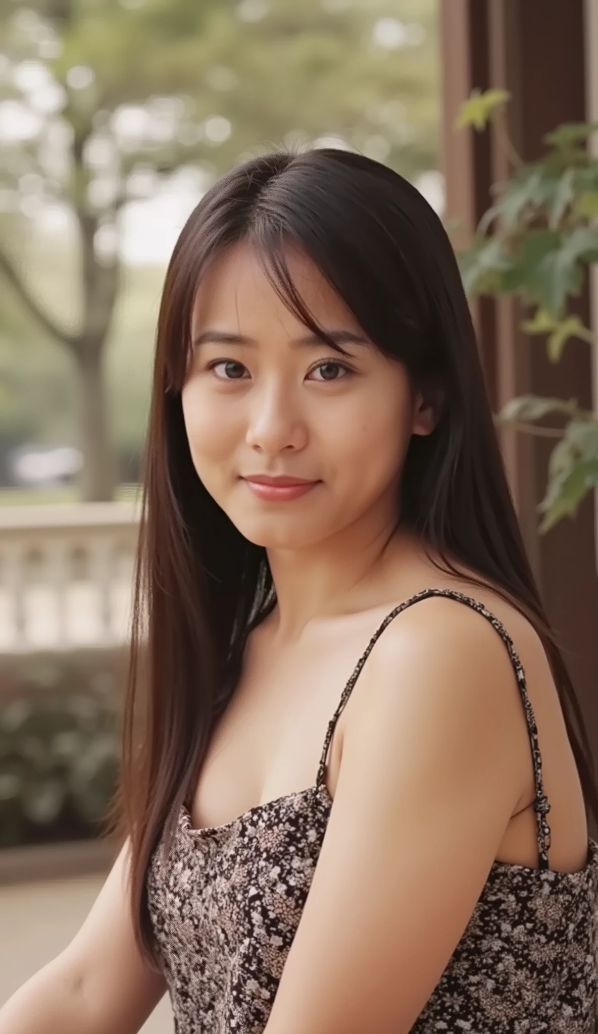 Arafed asian woman sitting on a bench in a park - SeaArt AI