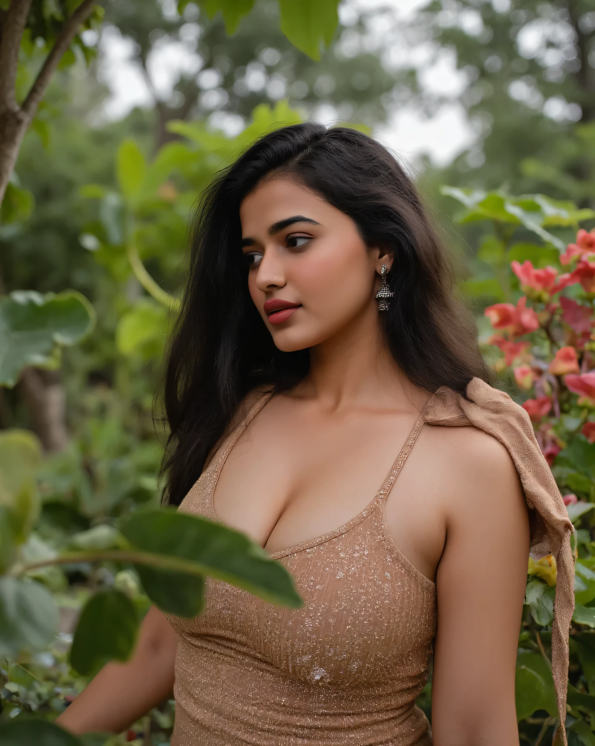 photo of indian girl having seductive facial expression and deep cleavage and look wide angle photo wearing sexy hot onepiece in garden