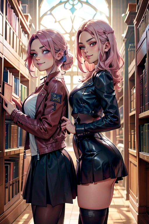Pink hair,High long ponytail,round frame glasses,Year of the cardamom,Pink over-the-knee skirt,Translucent white stockings,library,Librarian,Reading,desks,Tsundere,White and tender,Wearing white gloves,plain face,Slim,little breast,in one hand Holding a book,World Masterpieces,Clear conditioning,Gao cold eyes,Reddish cheeks,having fun,HighestQuali,eyes highlights,Vivid,Eyes facing the lenses,Erudition,8K,leathery,Slim,high light,shadowing,Wrap the chest,diplomat,little mouth,Look happy,Pupil highlights