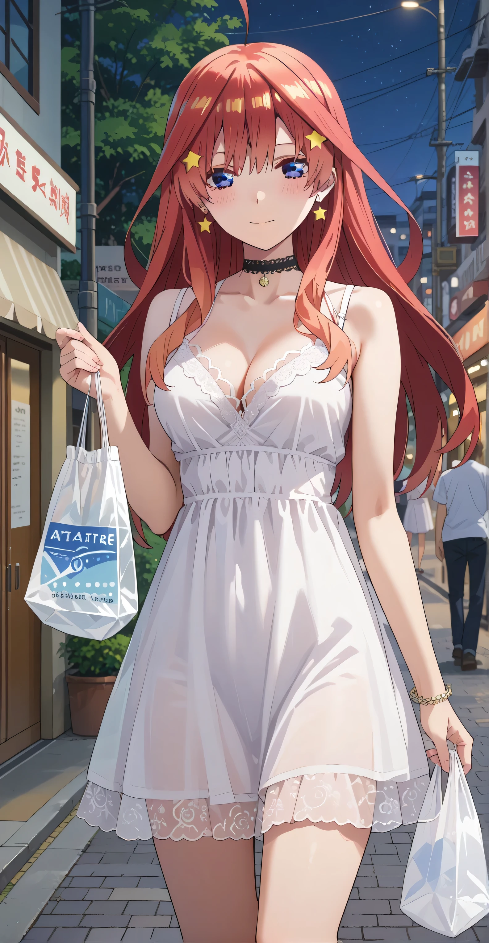 Nakano itsuki, red hair, long hair, blue eyes, earrings, ear piercing, score_9, score_8_up, score_7_up, source_anime, masterpiece,best quality, medium breasts, flash gyaru,((white Nightdress, Choker, transparent)), (masterpiece best quality:1.2) delicate illustration ultra-detailed, holding small plastic bag) BREAK (quiet residential street) outdoors, night, detailed background