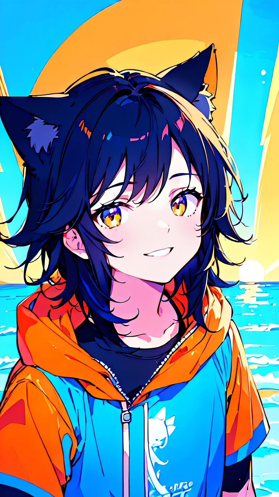 [(CITYPOP BACKGROUND:1.5),::5], ((((masterpiece)))), high quality, ultra very high resolution, full color, (((solo))), (( boy)), (men's Short Black hair), (Blue streaked hair), (Sunset Orange eyes), anime, ((upper body)), Summer clothes, neon light, black parka, smile, Cat ear