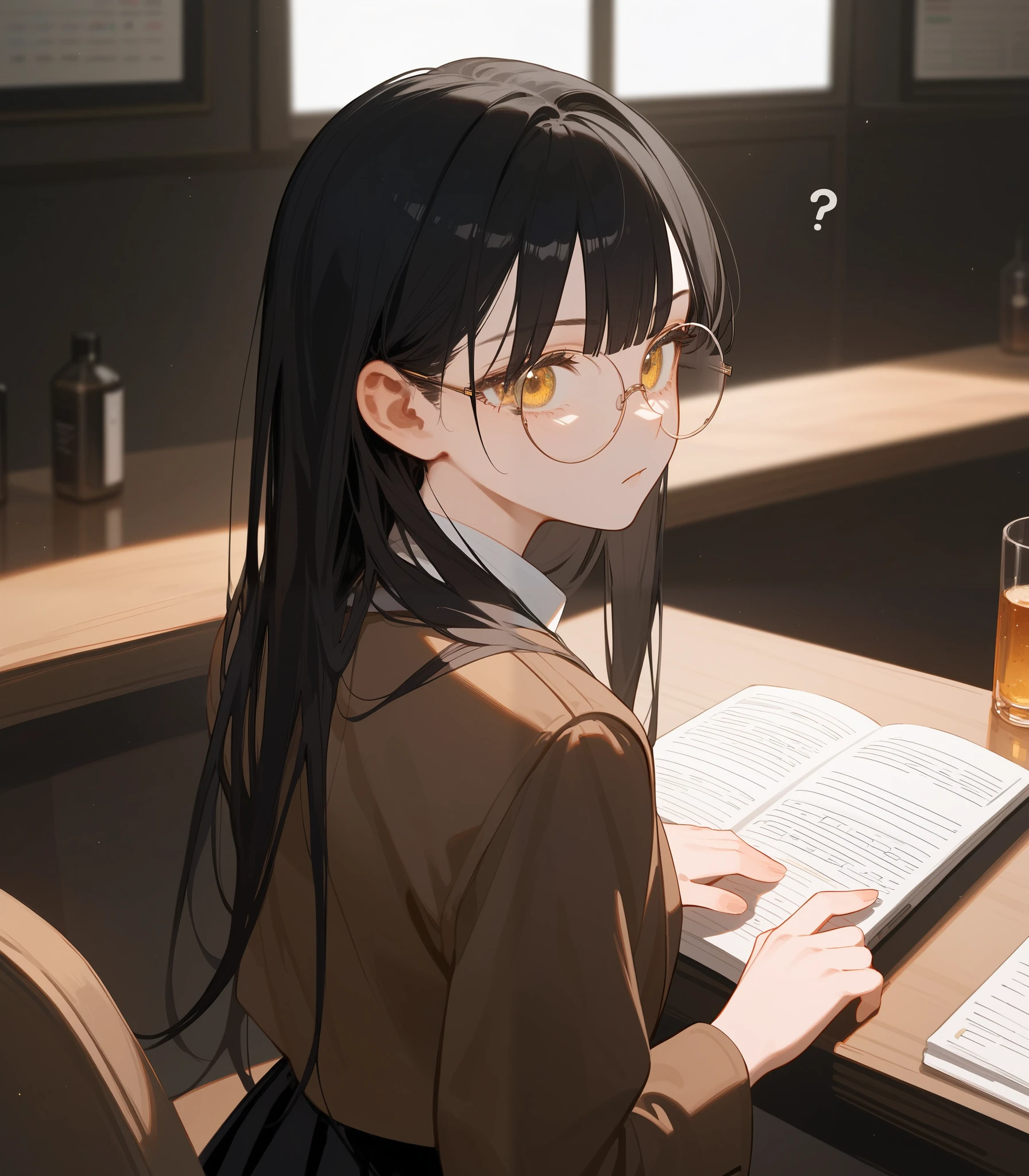 Anime, alone,girl, black hair,Bangs,ปลาย black hair, golden eyes,ปลาย black hair,. Photo from the back.,Top image , White Long Sleeve Shirt, Brown Jacket, Black Skirt,Aggressive page,นั่งIn the bar,, put on round glasses ,confused,, long hair,In the bar,