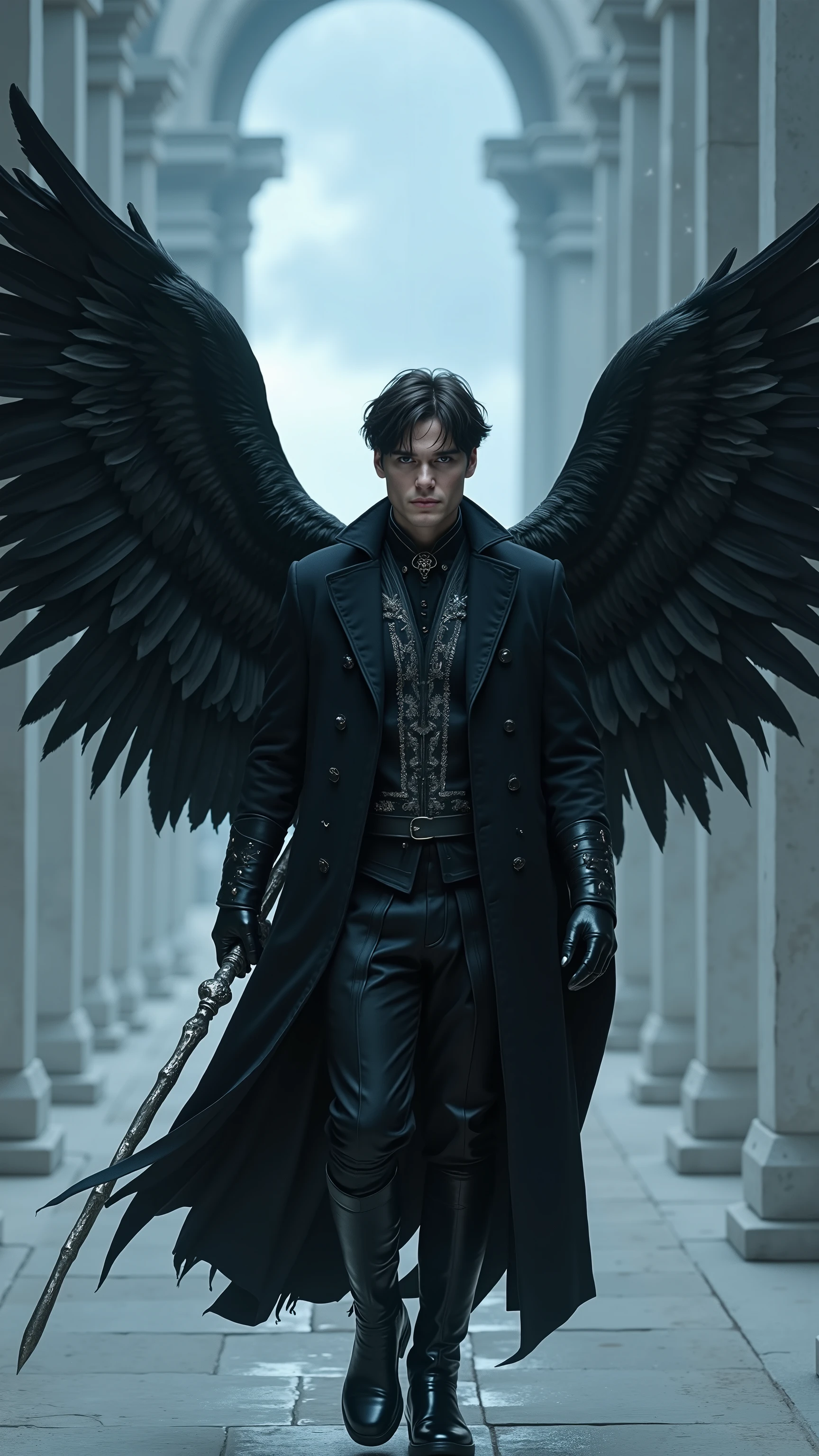 Cillian Murphy as a fallen angel with huge black angel wings with detailed feathers, walking and holding a staff、dramatic atmosphere, 1 man
He has short, neatly styled black streaky hair that frames his sharp, angular face. His piercing ice-blue eyes shine subtly under dark, defined eyebrows. His pale, flawless skin is smooth, with faint sky-blue flecks along his neck and collarbones. His lean, well-defined frame exudes a calm strength and grace.
He wears a tailored black coat with a high collar and silver embroidery depicting celestial constellations. Underneath, a fitted dark tunic hugs his slender figure. His hands are clad in black leather gloves, adding to his refined yet mysterious presence.
The angel’s vast black wings, with their detailed feathers, extend from his back, elegant and sharp, their edges gleaming with a soft silver light. In one hand he holds a slender onyx staff, topped with a soaring silver halo that pulsates with ethereal energy.
In the background is a serene, radiant expanse of white marble ruins, bathed in soft silver and blue light. Wisps of mist drift through the air, and tall pillars stretch into an endless twilight sky, where stars twinkle faintly behind thin, wispy clouds.
, shows the full figure of his male character, athletic body, perfect face, full body, extremely handsome, god, male form, perfect anatomy, photorealistic, masterpiece, realistic, high contrast, 8k, HD, high resolution detailed, detailed, hyper detailed, realistic skin texture, best quality, ultra high resolution, hyper realistic, no text, highly detailed eyes, bright lighting, spectacular lighting