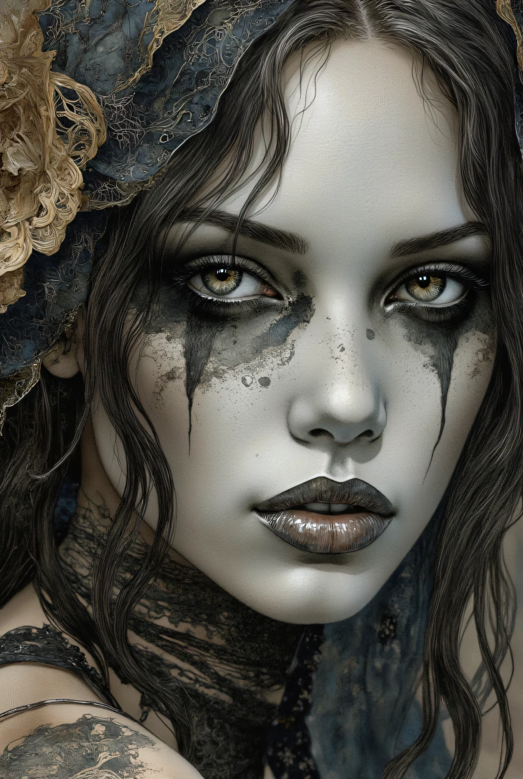 hyperrealistic porcelain texture, dramatic black eyeshadow, dark surreal aesthetic, gothic dreamlike atmosphere, smooth skin, artistic haunting style.
The textures are finely detailed, from the smoothness of her skin to the softness of her hair, The artwork combines elements of fantasy and gothic styles, with a focus on intricate details and a sense of depth and movement. Inspired by Luis Royo