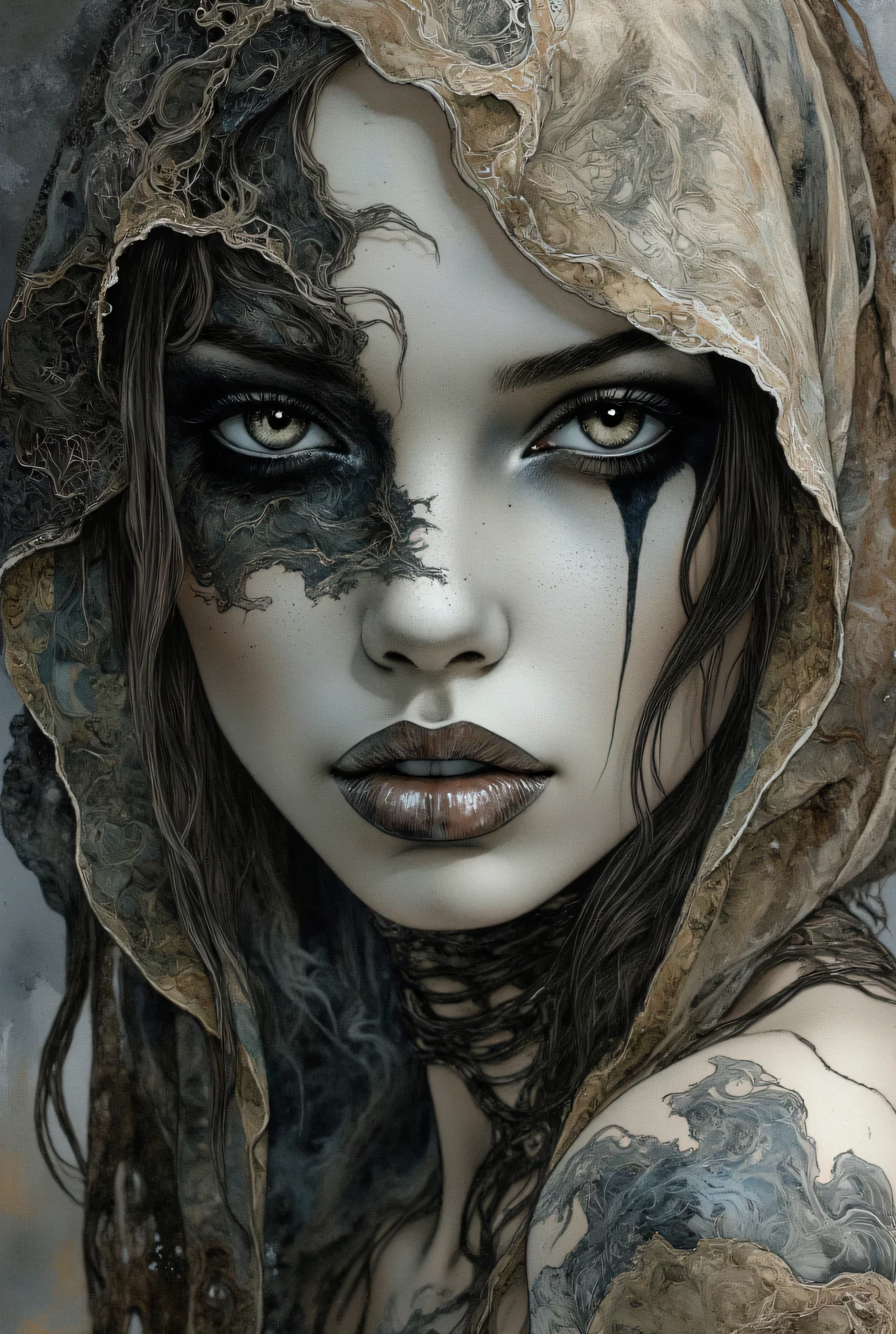 hyperrealistic porcelain texture, dramatic black eyeshadow, dark surreal aesthetic, gothic dreamlike atmosphere, smooth skin, artistic haunting style.
The textures are finely detailed, from the smoothness of her skin to the softness of her hair, The artwork combines elements of fantasy and gothic styles, with a focus on intricate details and a sense of depth and movement. Inspired by Luis Royo