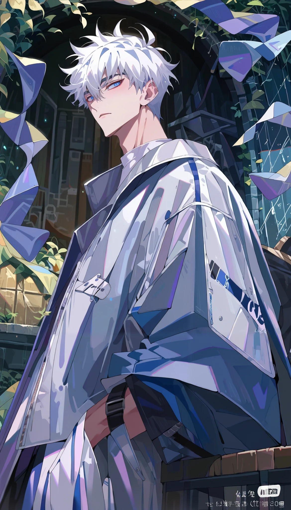 score_9,score_8_up,score_7_up,source_anime,luguang,1boy,white hair,male focus,hair between eyes,ager,18 years old,blue eyes,,pants,full body, handsome male sitting posture, white snakers, large light blue jackets, white shirt, special perspective, below view,