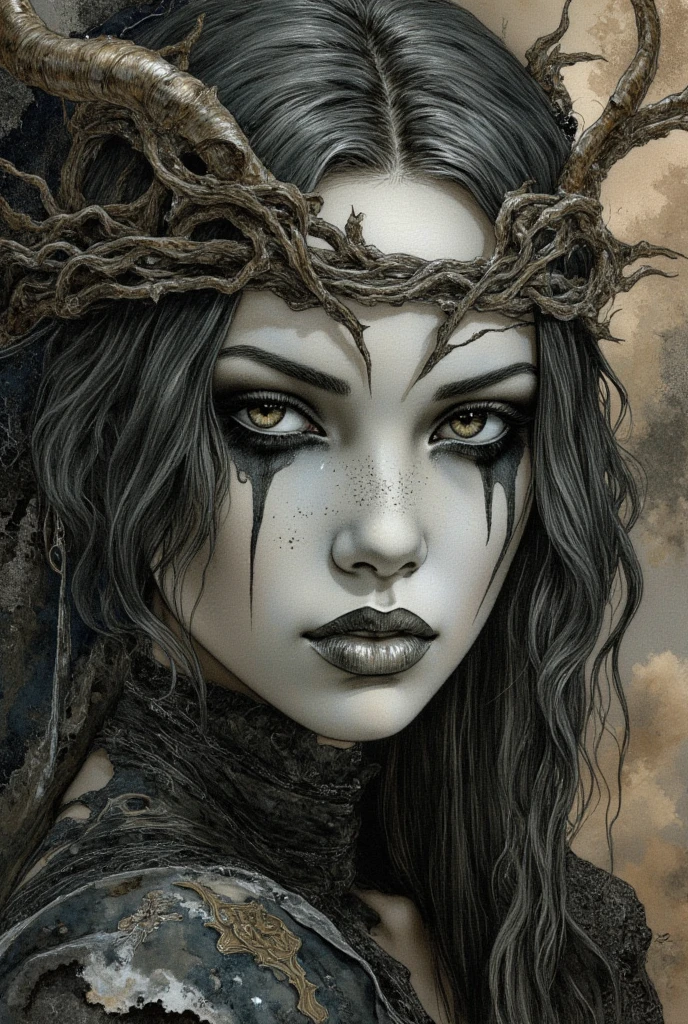 ((work of art)), ((best qualityer)), ((close up: 1.0))a woman with a hood and roses in her hair, estilo de dark fantasy art, in the style of dark fantasy art, gothic fantasy art, dark fantasy art, dark fantasy art, gothic maiden, she is the queen of black roses, dark fantasy mixed with realism, dark fantasy style, gothic maiden of the dark, gothic art, Dark digital art, but detailed, dark fantasy artwork