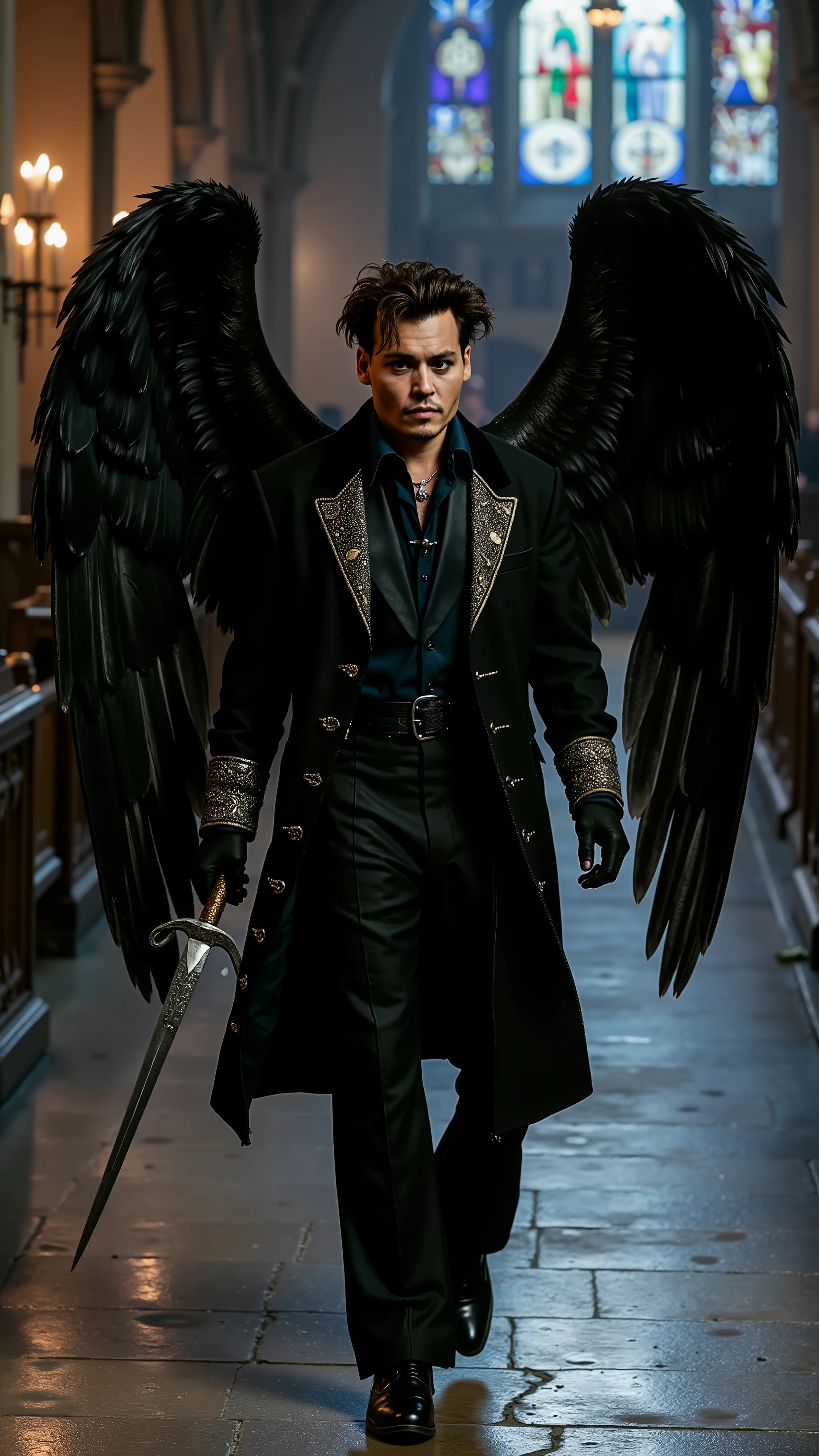 Johnny Depp reimagined as a Fallen Angel with huge black angel wings with detailed feathers walking and holding a dagger、dramatic atmosphere, 1 male
Has short, tousled dark brown hair with subtle silver streaks, framing his sharp cheekbones and defined jawline. His deep, enigmatic brown eyes glow faintly beneath arched brows. His lightly tanned skin bears faint celestial markings, barely visible against his rugged, refined features. His lean, sinewy physique is draped in effortless elegance.
He wears a fitted black high-collared coat with silver embroidery forming intricate celestial patterns. Beneath it, a dark tunic of fine silk clings to his frame. His hands are clad in black leather gloves, the fingers subtly adorned with silver rings.
Huge black angel wings with detailed feathers extend behind him, their edges shimmering with a soft iridescent glow. In one hand, he holds a sleek silver dagger, its blade reflecting a faint celestial light, intricate engravings of lost divine symbols etched into the hilt.
The background is a dimly lit gothic cathedral, its towering stained-glass windows casting fractured beams of pale blue and violet light across the vast stone floor. Ancient candles flicker in the shadows, their flames swaying in the unseen breeze. Cracks in the marble walls reveal creeping vines, as whispers of unseen spirits echo through the silent halls.
, shows his male character's full figure, athletic body, perfect face, full body, extremely beautiful, god, male shape, perfect anatomy, photorealistic, masterpiece, realistic, high contrast, 8k, HD, high definition detailed, detailed, hyper detailed, realistic skin texture, best quality, ultra high resolution, hyper realistic, no text, very detailed eyes, bright lighting, dramatic lighting