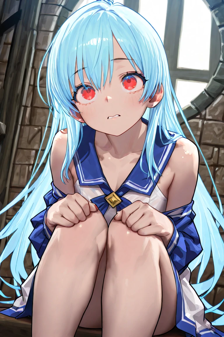 Beautiful illustration, Best Quality, (cute petit girl：1.3)、 (underground room), flat chest、Clean naked, Long crimson double-sided upholstery, Beautiful blue eyes, Cinematic lighting, naked and chained to a collar、Lori。barechested。Hands and feet are also tied with chains..。is crying。The crotch is open。Pink twin tails、Chained