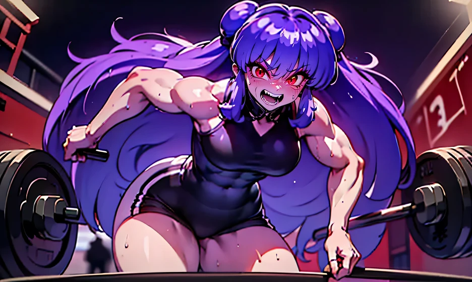 Sexy anime girl (( toned body, muscular female, athletic body, wide hips, narrow waist, thight Gap, perky breasts, shredded ABS)). (Weight lifting a barbell:1.4) (From below, standing over viewer, pov :1.7) Sweaty, sweating, sweaty, heavy breathing, tired, powerful, excited, energetic, strenght, sexy female, cute, blushing. At gym. ((Undersized Gym outfit)). (Leaning forward:1.5) (Gesugao, maniac, theeth, fang:1.2) (thick thighs:1.3) ((greyscale, monochrome excepto for the eyes, vertical motion blur, powerful atmosphere)). (Shampoo, longe purple hair with two buns, Wearing an undersized qipao:1.2)