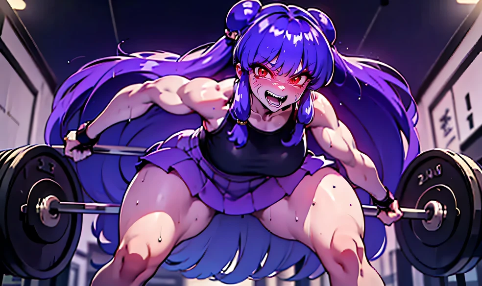 Sexy anime girl (( toned body, muscular female, athletic body, wide hips, narrow waist, thight Gap, perky breasts, shredded ABS)). (Weight lifting a barbell:1.5) (From below, standing over viewer, pov :1.7) Sweaty, sweating, sweaty, heavy breathing, tired, powerful, excited, energetic, strenght, sexy female, cute, blushing. At gym. ((Undersized Gym outfit)). (Leaning forward:1.5) (Gesugao, maniac, theeth, fang:1.2) (thick thighs:1.3) ((greyscale, monochrome excepto for the eyes, vertical motion blur, powerful atmosphere)). (Shampoo, longe purple hair with two buns, Wearing an undersized School girl mini skirt:1.2)open legs