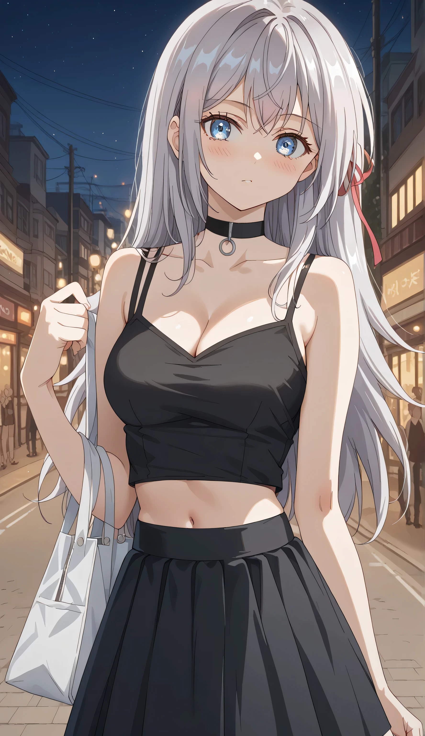 score_9, score_8_up, score_7_up, source_anime, alisamikhailovnakujou, alisa mikhailovna kujou, long hair, bangs, blue eyes, Gray hair, red ribbon, navel, blush, solo, looking at viewer, medium breasts:1.3, ((Black Spaghetti strap, crop top, cleavage, choker, Skirt, stocking)), (masterpiece best quality:1.2) delicate illustration ultra-detailed, One hand bag) BREAK (quiet residential street) outdoors, night, detailed background