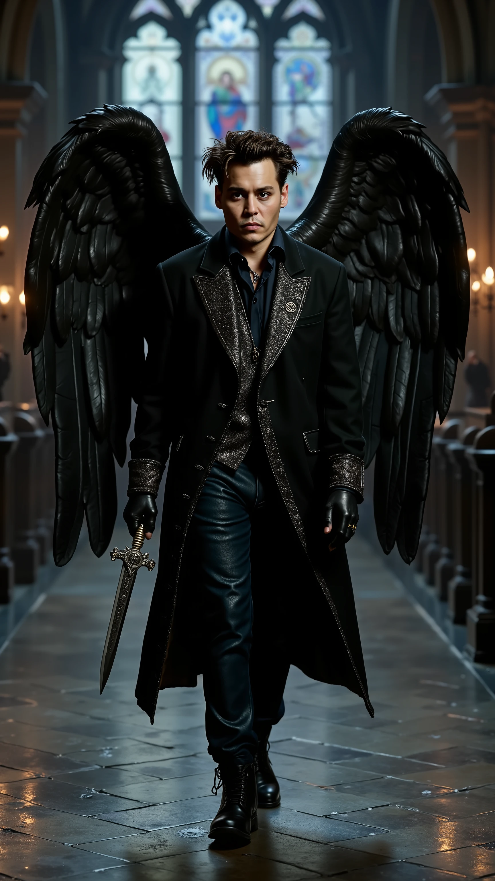 Johnny Depp reimagined as a Fallen Angel with huge black angel wings with detailed feathers walking and holding a dagger、dramatic atmosphere, 1 male
Has short, tousled dark brown hair with subtle silver streaks, framing his sharp cheekbones and defined jawline. His deep, enigmatic brown eyes glow faintly beneath arched brows. His lightly tanned skin bears faint celestial markings, barely visible against his rugged, refined features. His lean, sinewy physique is draped in effortless elegance.
He wears a fitted black high-collared coat with silver embroidery forming intricate celestial patterns. Beneath it, a dark tunic of fine silk clings to his frame. His hands are clad in black leather gloves, the fingers subtly adorned with silver rings.
Huge black angel wings with detailed feathers extend behind him, their edges shimmering with a soft iridescent glow. In one hand, he holds a sleek silver dagger, its blade reflecting a faint celestial light, intricate engravings of lost divine symbols etched into the hilt.
The background is a dimly lit gothic cathedral, its towering stained-glass windows casting fractured beams of pale blue and violet light across the vast stone floor. Ancient candles flicker in the shadows, their flames swaying in the unseen breeze. Cracks in the marble walls reveal creeping vines, as whispers of unseen spirits echo through the silent halls.
, shows his male character's full figure, athletic body, perfect face, full body, extremely beautiful, god, male shape, perfect anatomy, photorealistic, masterpiece, realistic, high contrast, 8k, HD, high definition detailed, detailed, hyper detailed, realistic skin texture, best quality, ultra high resolution, hyper realistic, no text, very detailed eyes, bright lighting, dramatic lighting