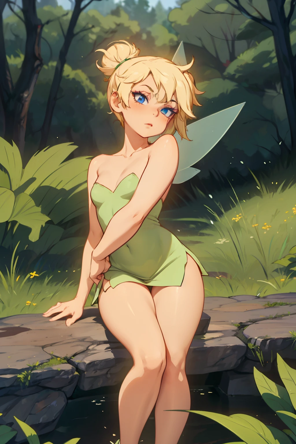 (best quality,4k,highres,masterpiece, toon semi 3D), 1 Girl, Tinkerbell disney style, blonde fairy, hourglass body shape, green dress with mini skirt, panty rear view, legs focus