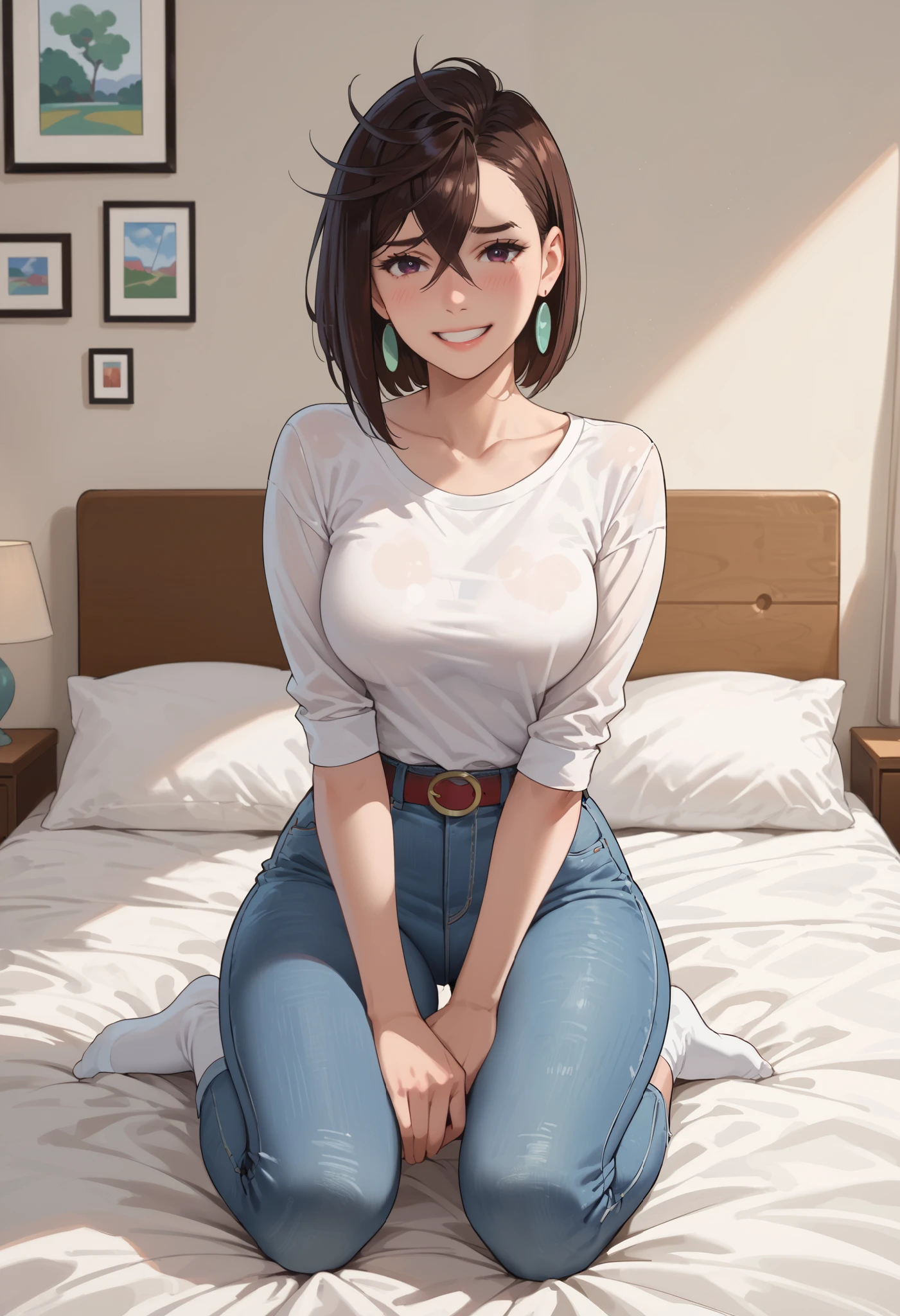 1girl, solo, tracer \(overwatch\), spread legs,
very short hair, brown hair,
orange eyes, looking at viewer,
smile, smirk,
(white shirt:1.2), jeans,
indoors, sofa, sitting on sofa,
 <lora:Tomboy-3000-12repeats:1>