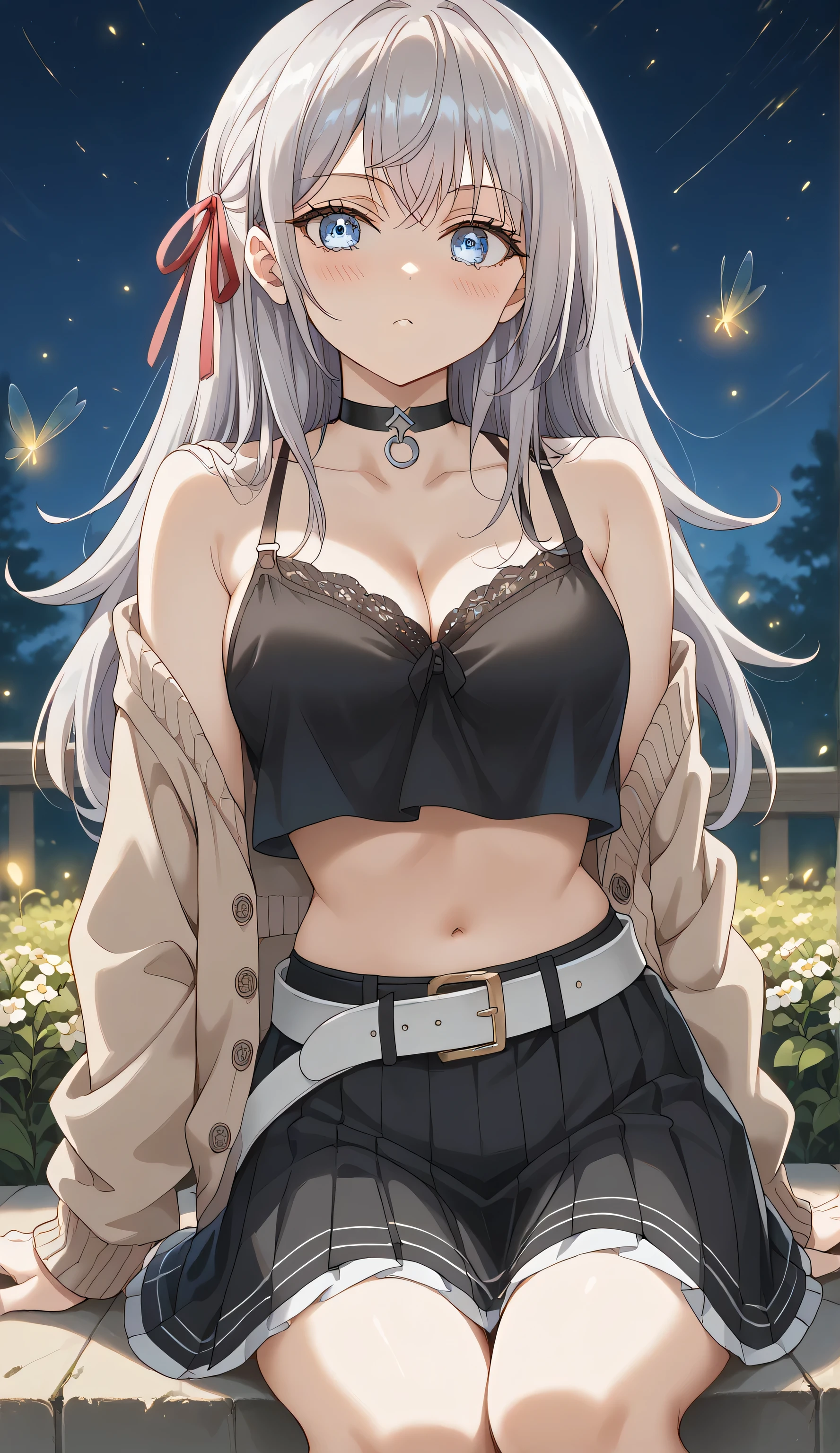score_9, score_8_up, score_7_up, source_anime, alisamikhailovnakujou, alisa mikhailovna kujou, long hair, bangs, blue eyes, Gray hair, red ribbon, navel, blush, solo, looking at viewer, medium breasts:1.3, ((Black Spaghetti strap, crop top overhang, cleavage, Cardigan, choker, Skirt, belt, stocking)), (masterpiece best quality:1.2) delicate illustration ultra-detailed, Random pose) BREAK, Sit down, Garden flower, firefly, night, detailed background