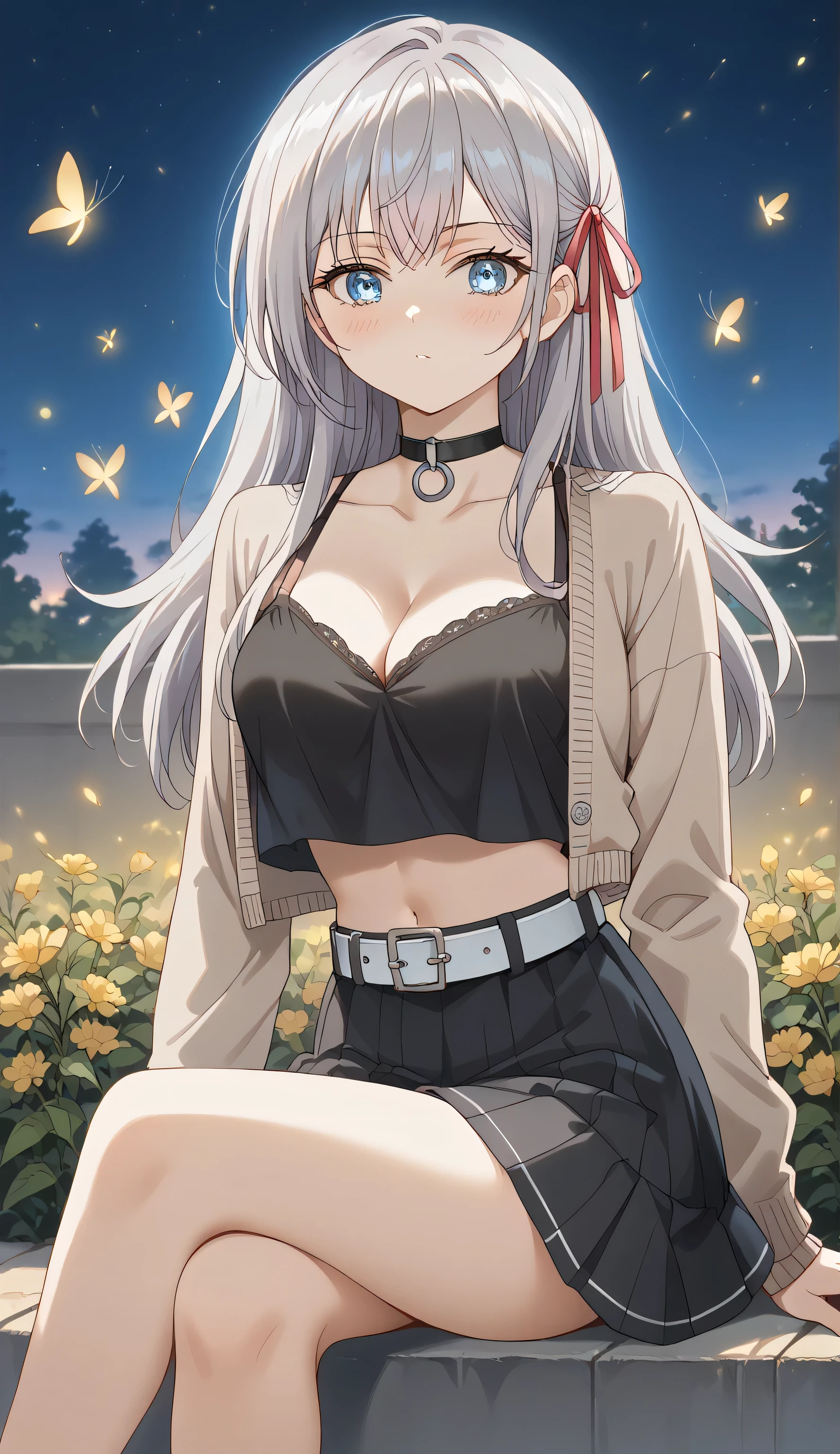 score_9, score_8_up, score_7_up, source_anime, alisamikhailovnakujou, alisa mikhailovna kujou, long hair, bangs, blue eyes, Gray hair, red ribbon, navel, blush, solo, looking at viewer, medium breasts:1.3, ((Black Spaghetti strap, crop top overhang, cleavage, Cardigan, choker, Skirt, belt, stocking)), (masterpiece best quality:1.2) delicate illustration ultra-detailed, Random pose, crossed legs) BREAK, Sit down, Garden flower, firefly, night, detailed background