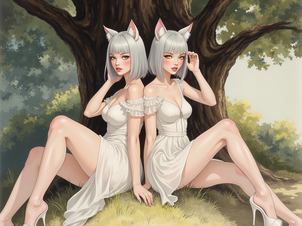 (masterpiece:1.2, best quality), 3girls, little, 10yo child, loli, petite, flat chest, white hair, (big white fox ears), (white fox tail), naked, topless, (nipple:1.2), no panties, pussie, bare feet, blush, smile, fun, winter, (on all fours:1.3), bend over, on snow, winter forest, anime minimalist, watercolor