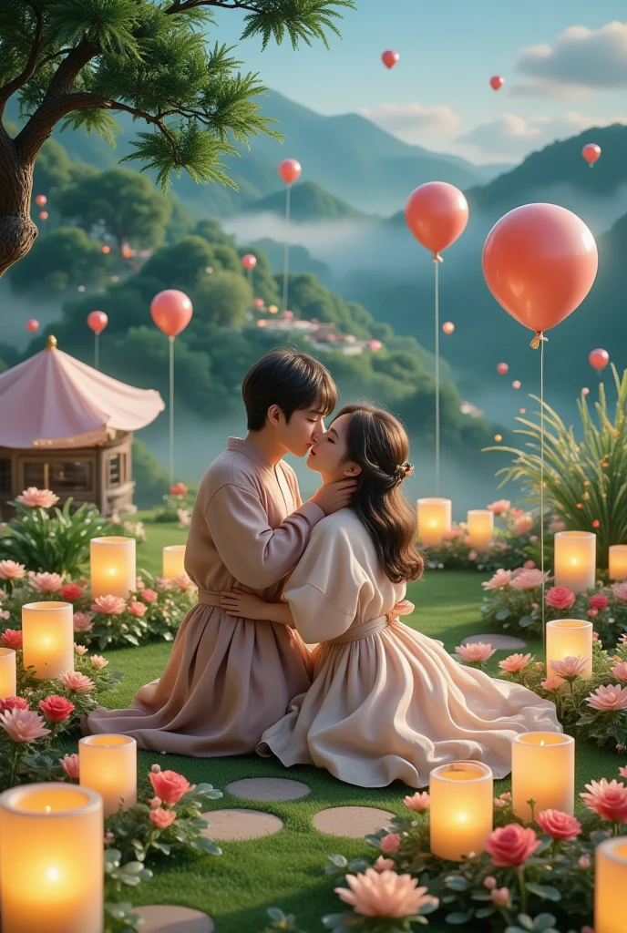 一对情侣在迷人的garden中心跳浪漫的舞蹈. The scene is illuminated by floating candles and lanterns , projects a warm , Gently. garden , From the delicate petals of flowers to the verdant leaves , The intricate details are presented in amazing 8K resolution . The couple, Immerse yourself in your arms , Exudes deep love and connection . The atmosphere is full of magical magic , The soft light and serene beauty of the surroundings brightens up the surrounding environment