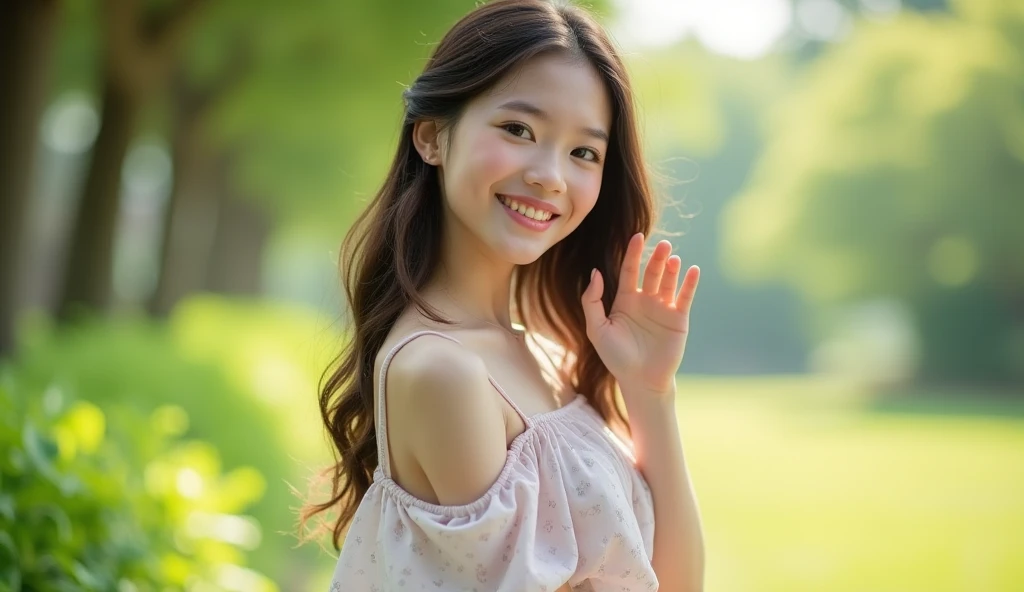 Japanese ),((beautiful girl)),cleavage,An expression that imagines something pleasant:1.2,(perfect body beauty:1.2),((perfect body)),(shy smile),beautiful teeth,