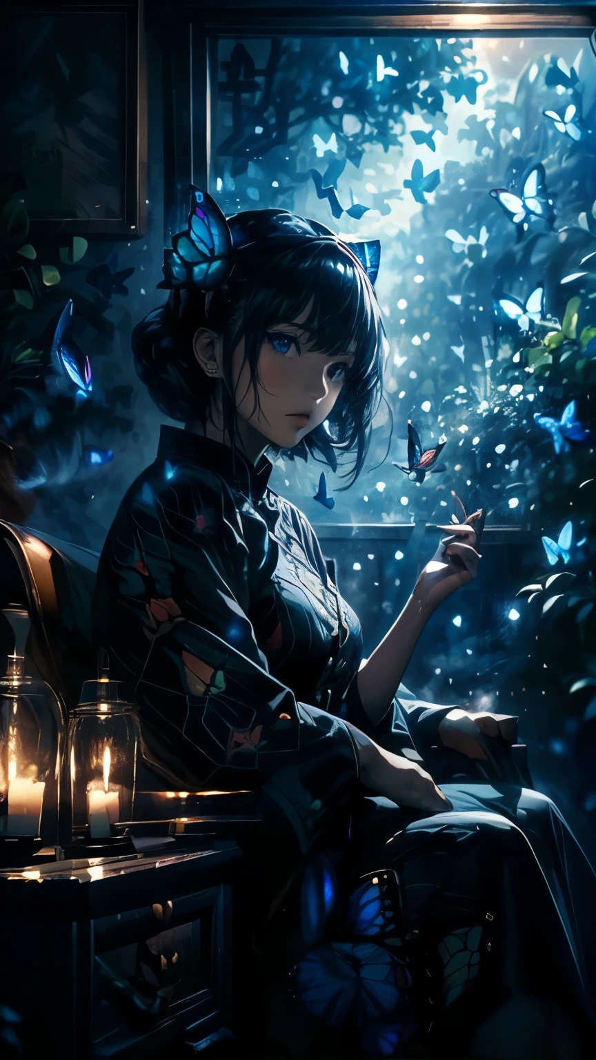 超 high definition, high definition, high quality , Spectacular Scenery ,(((A large group of morpho butterflies that shine like jewels flying around on water)), star空を見上げている. 彼女をカラフルなstar雲とカラフルな森で囲みます. shot with a fisheye lens ,((( mystical atmosphere ))), Beautiful Sunset , Majestic Atmosphere, Milky Way, star, star屑, Milky Way, 流star,