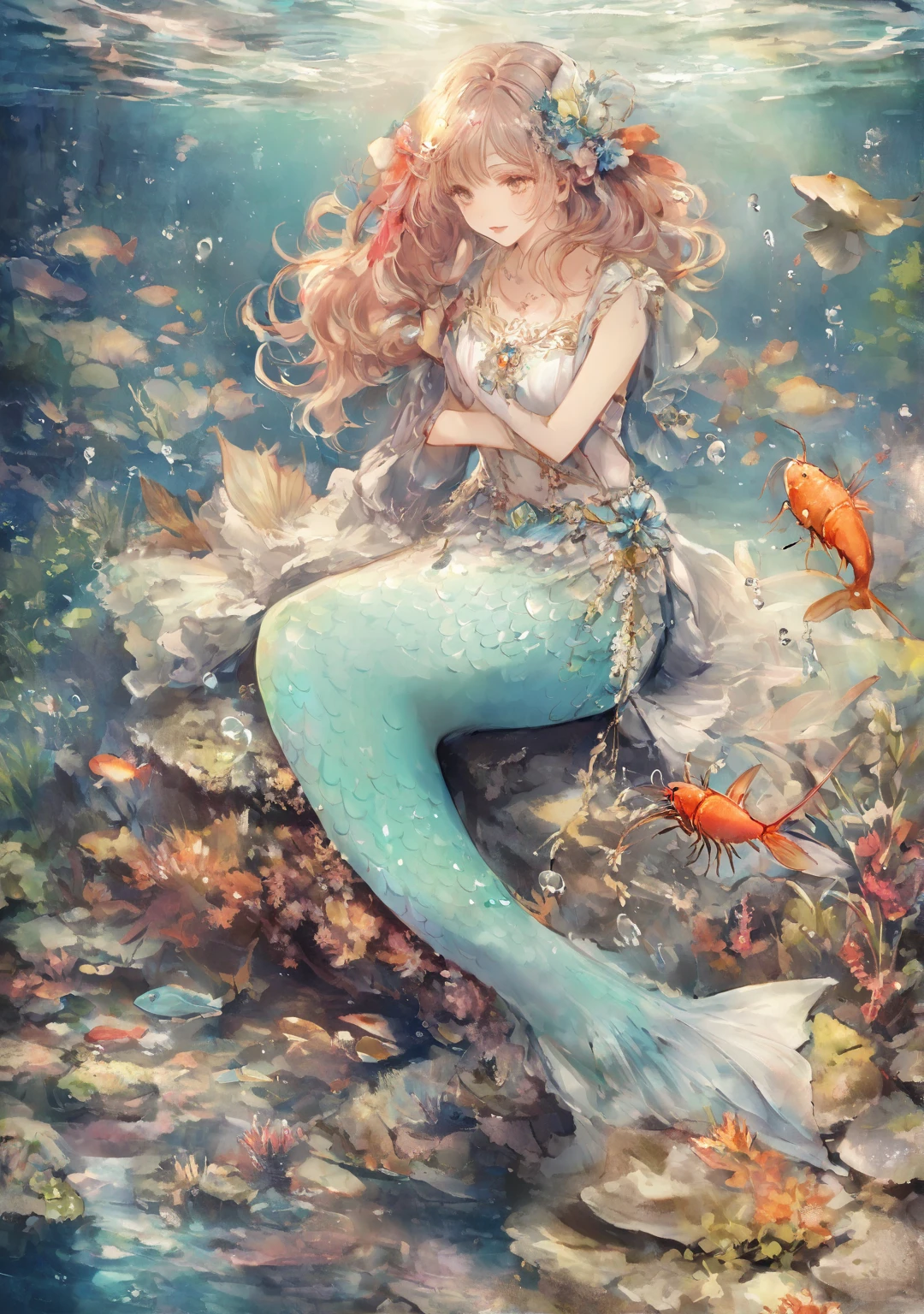 Mermaid Princess, by Miho Hirano, best quality, masterpiece, very aesthetic, perfect composition, intricate details, ultra-detailed