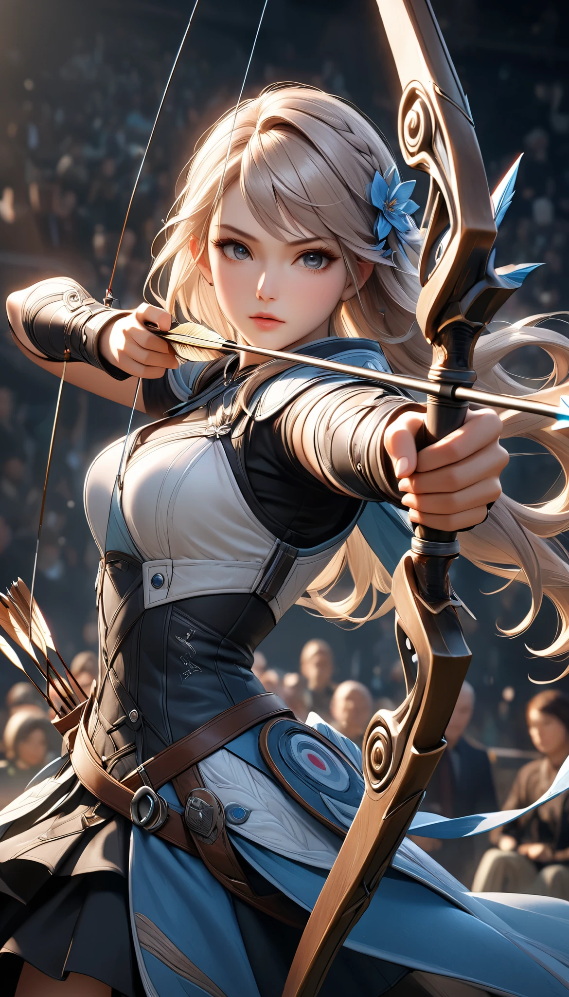 Fusing various styles to create a new style, Combining various techniques to create delicate and bold compositions, An attractive archer, Shoot something unexpected with your bow, Shoot it at the audience, dynamic shot, ankle in the frame, Detailed and realistic texture, Professional artwork, Fine spray work, Powder coating for a three-dimensional look, \I'll target you, BREAK The tip of the arrow pointed at you, dynamic shot\
