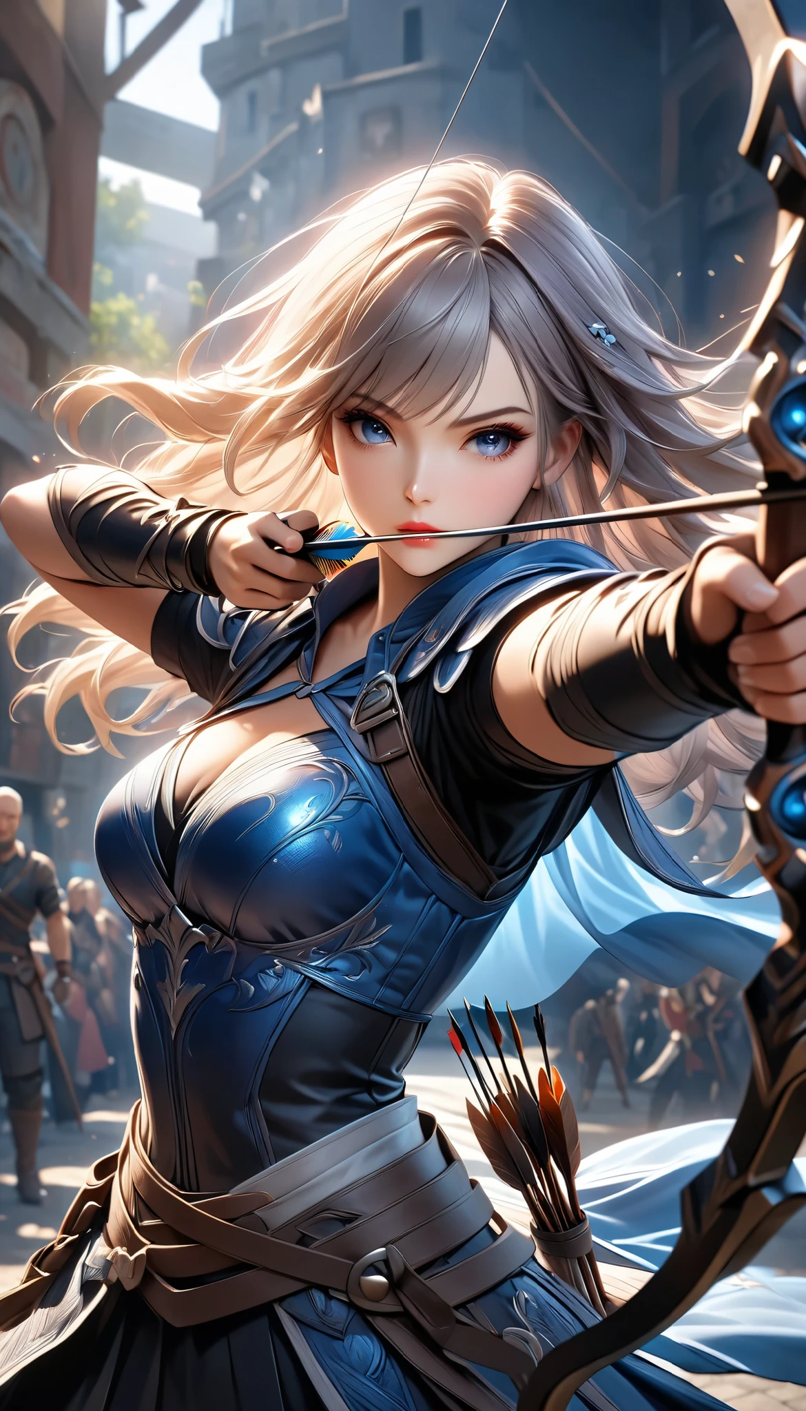 Fusing various styles to create a new style, Combining various techniques to create delicate and bold compositions, An attractive archer, Shoot something unexpected with your bow, Shoot it at the audience, dynamic shot, ankle in the frame, Detailed and realistic texture, Professional artwork, Fine spray work, Powder coating for a three-dimensional look, \I'll target you, BREAK The tip of the arrow pointed at you, dynamic shot, left focus\