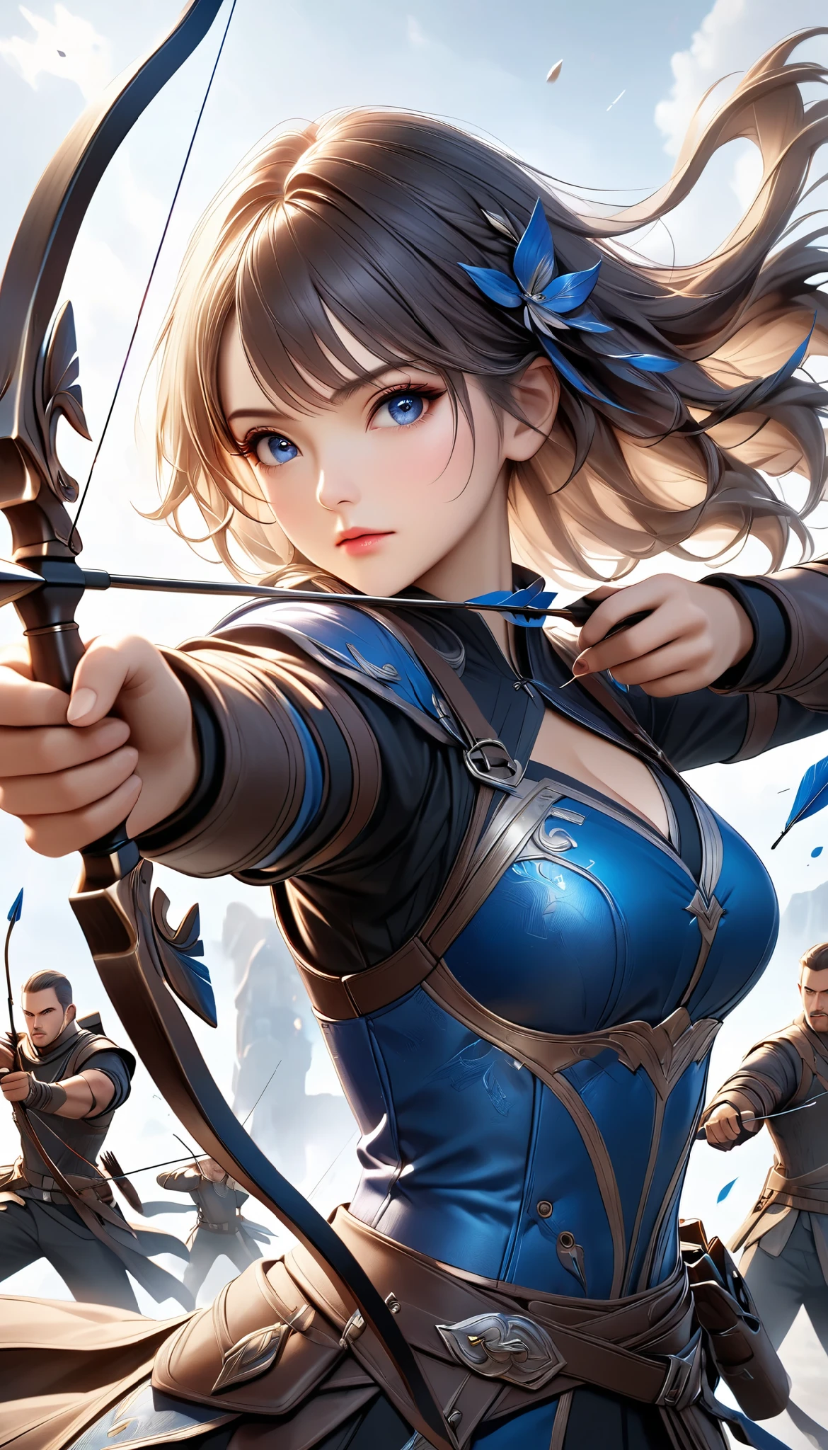 Fusing various styles to create a new style, Combining various techniques to create delicate and bold compositions, An attractive archer, Shoot something unexpected with your bow, Shoot it at the audience, dynamic shot, ankle in the frame, Detailed and realistic texture, Professional artwork, Fine spray work, Powder coating for a three-dimensional look, \I'll target you, BREAK The tip of the arrow pointed at you, dynamic shot, left focus\